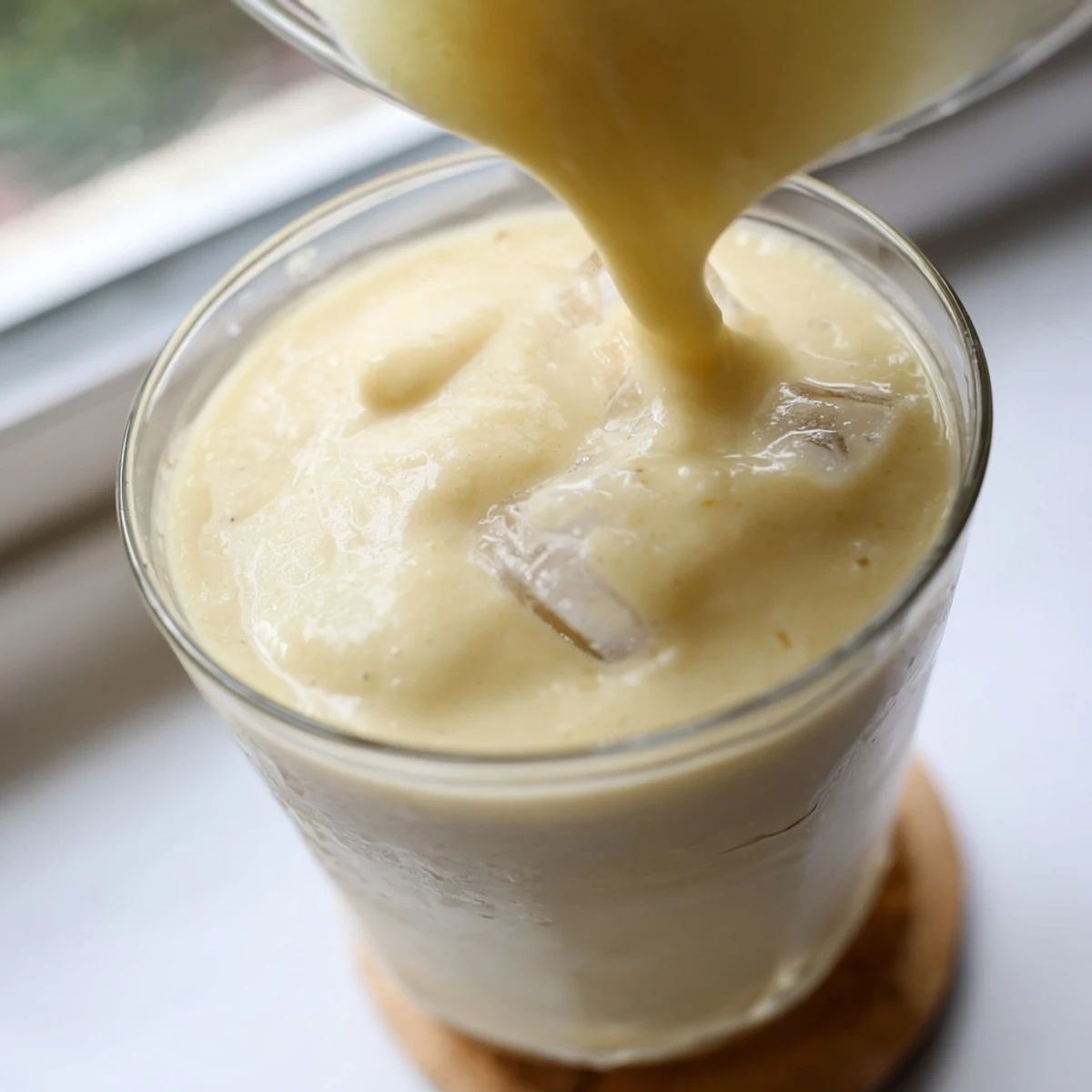 Creamy durian smoothie poured into a chilled glass with ice cubes on a sunny day