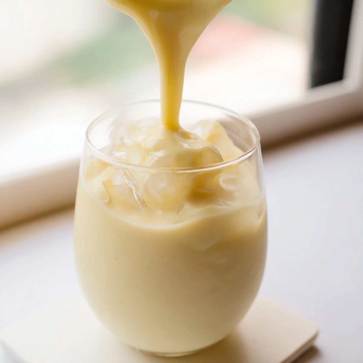 Tropical durian smoothie blended with coconut milk and banana topped with fresh ice