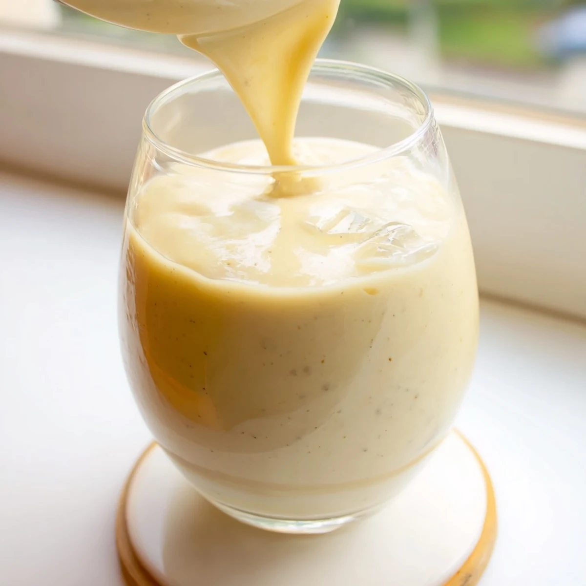 Glass of thick durian smoothie with coconut milk showing smooth creamy texture and condensation