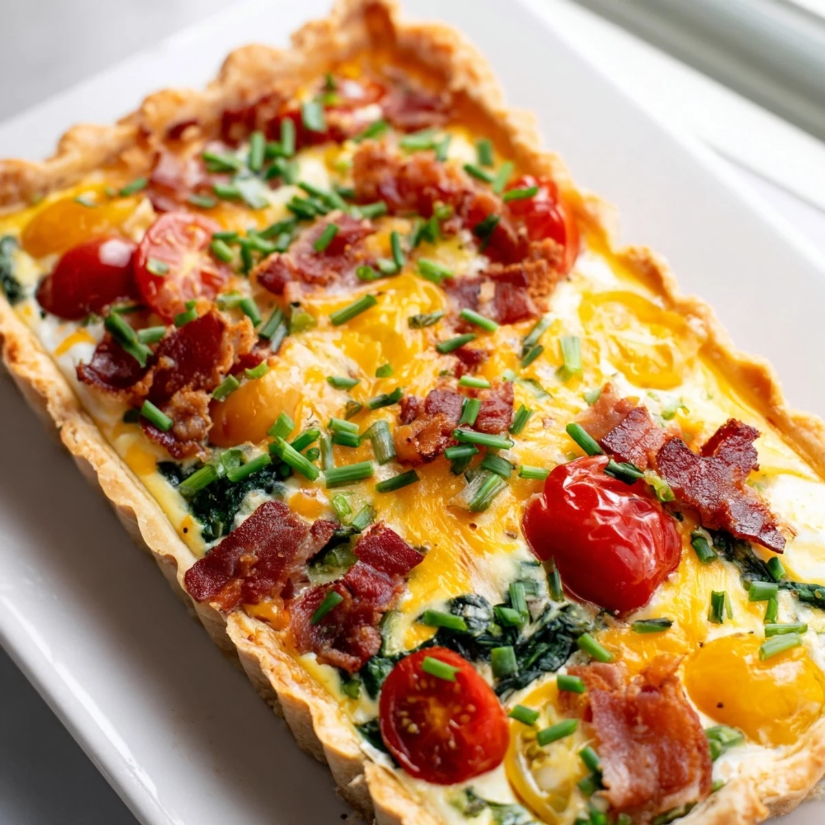 Golden family breakfast tart with flaky crust, bacon, spinach, and cherry tomatoes on a rustic wooden board