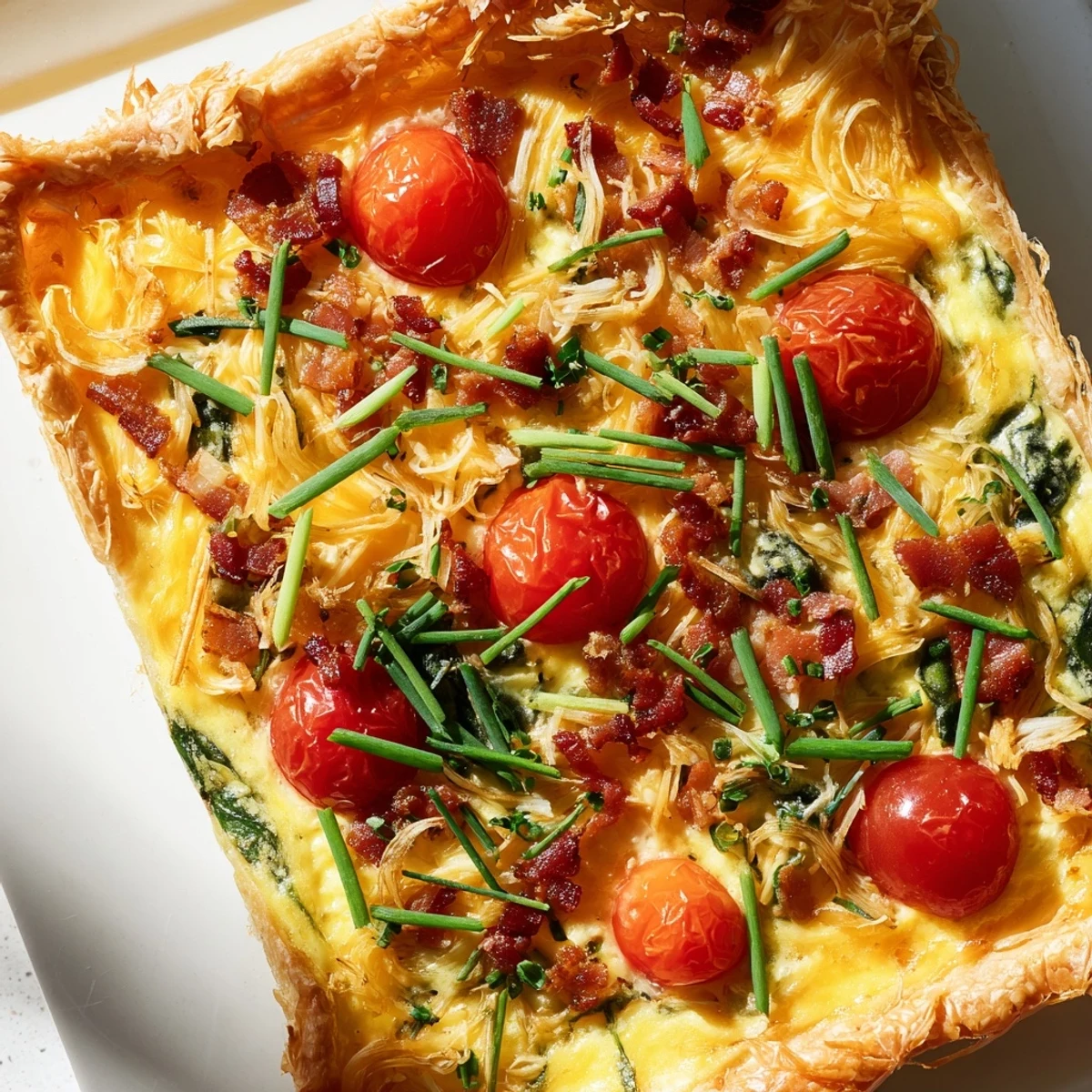 Savory egg and cheese breakfast tart sliced into wedges, garnished with fresh chives on a white serving plate