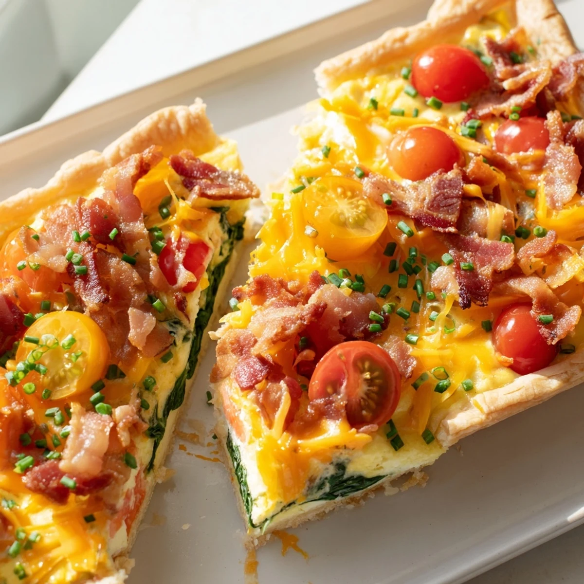 Flaky puff pastry breakfast tart loaded with bacon, vegetables, and creamy custard, fresh from the oven