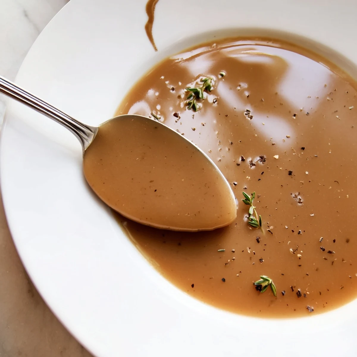 Rich homemade gravy drizzled generously from a spoon onto a roasted turkey platter