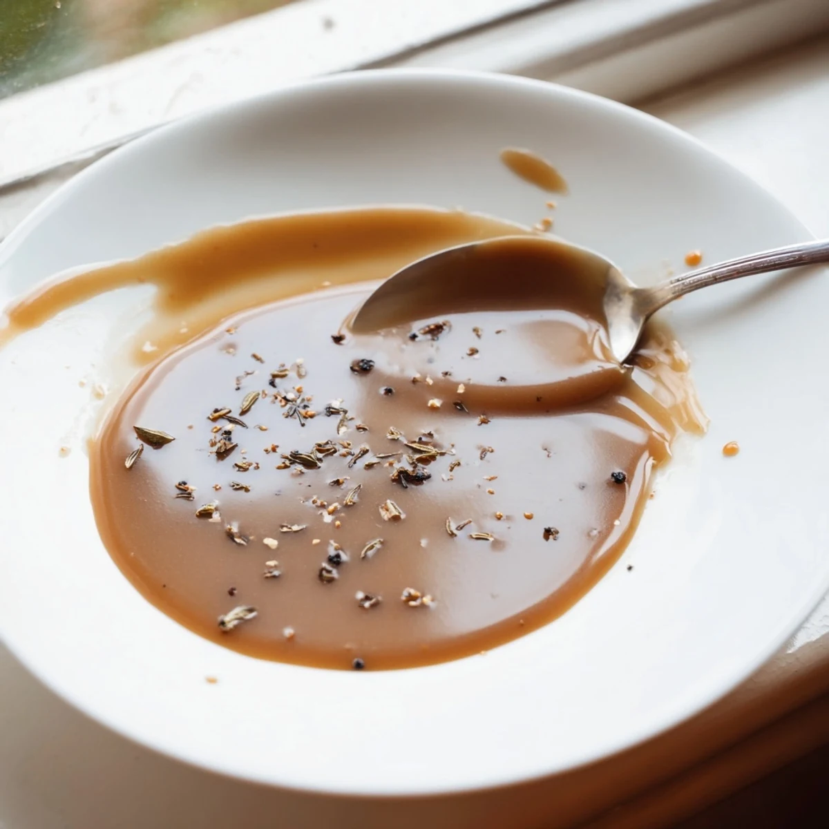 Smooth homemade gravy pooled beside roast beef slices on a rustic wooden cutting board