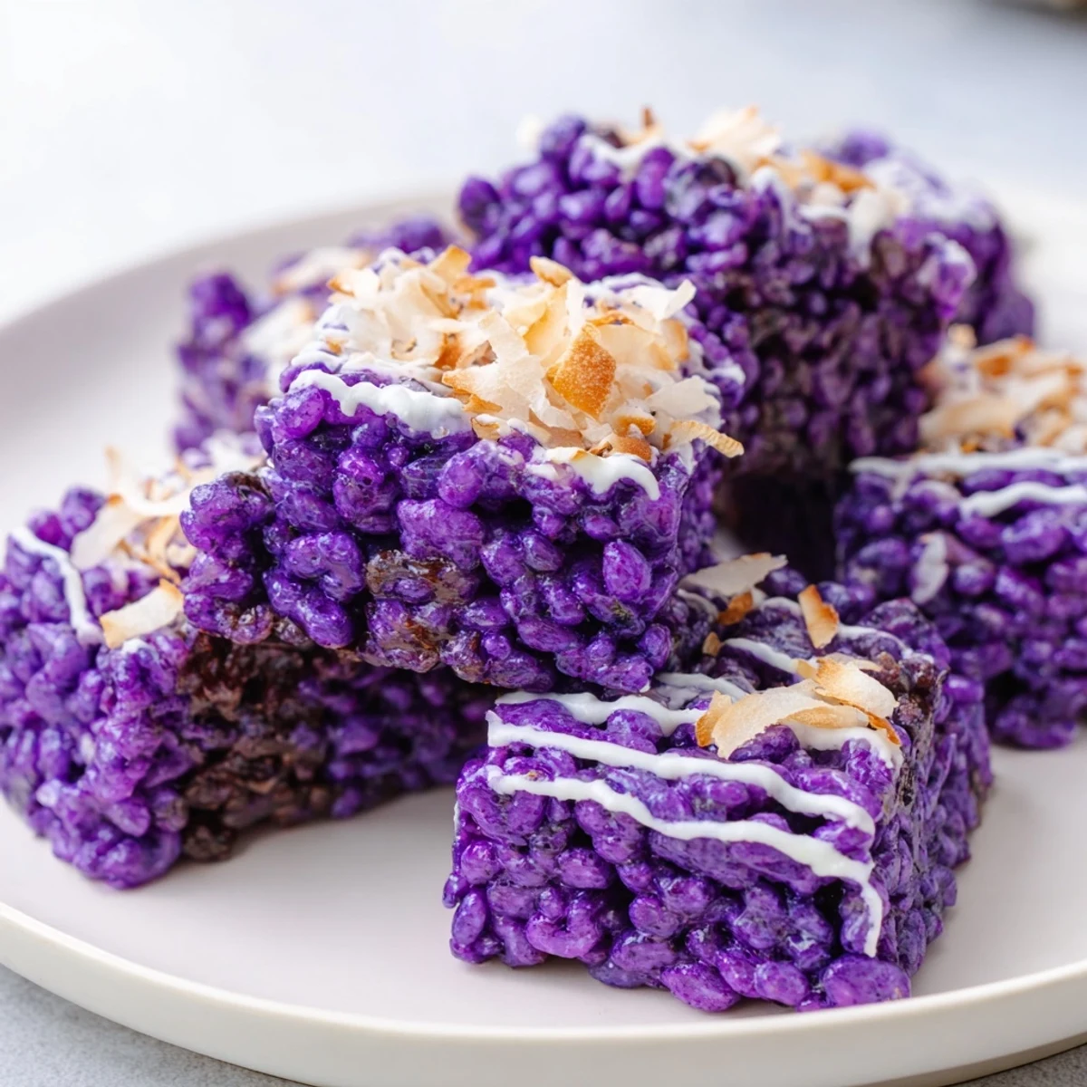 Chewy ube rice krispie treats squares featuring colorful purple yam and marshmallow swirls