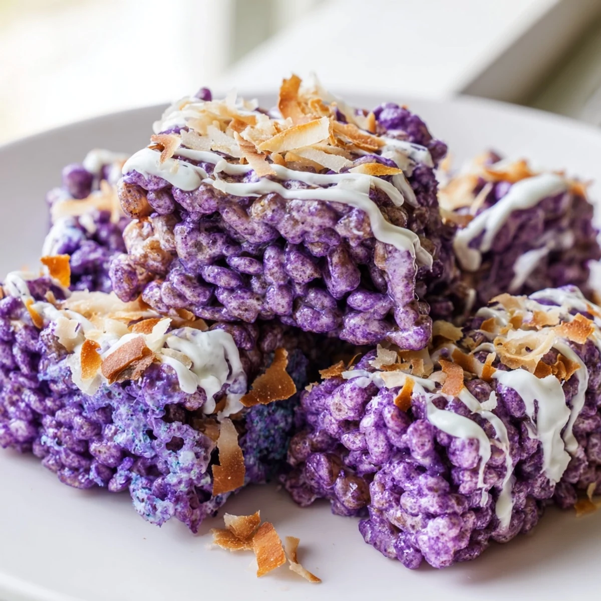 Vibrant purple ube rice krispie treats drizzled with white chocolate and coconut flakes