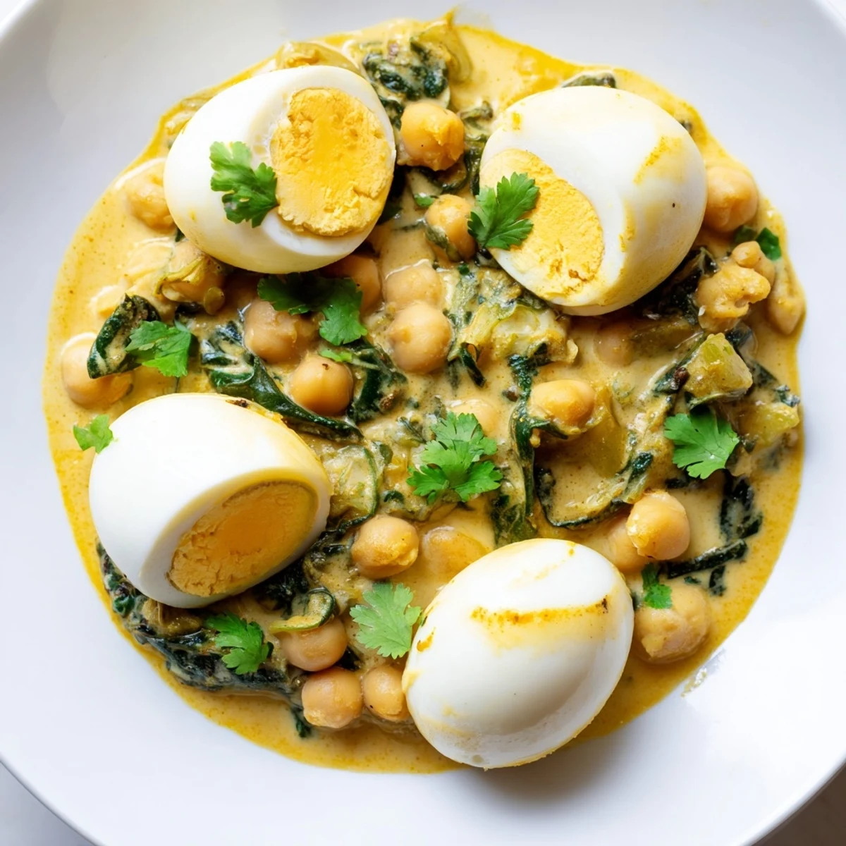 Creamy mild egg korma with chickpeas and fresh spinach in aromatic sauce