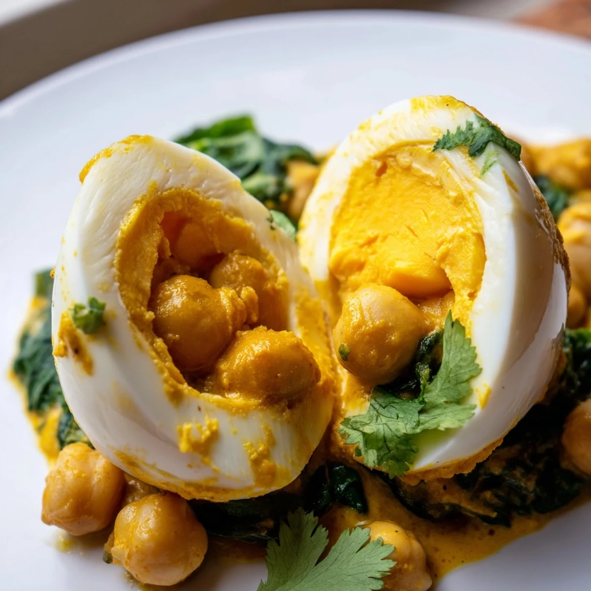 Golden halved eggs nestled in rich korma curry with chickpeas and wilted spinach