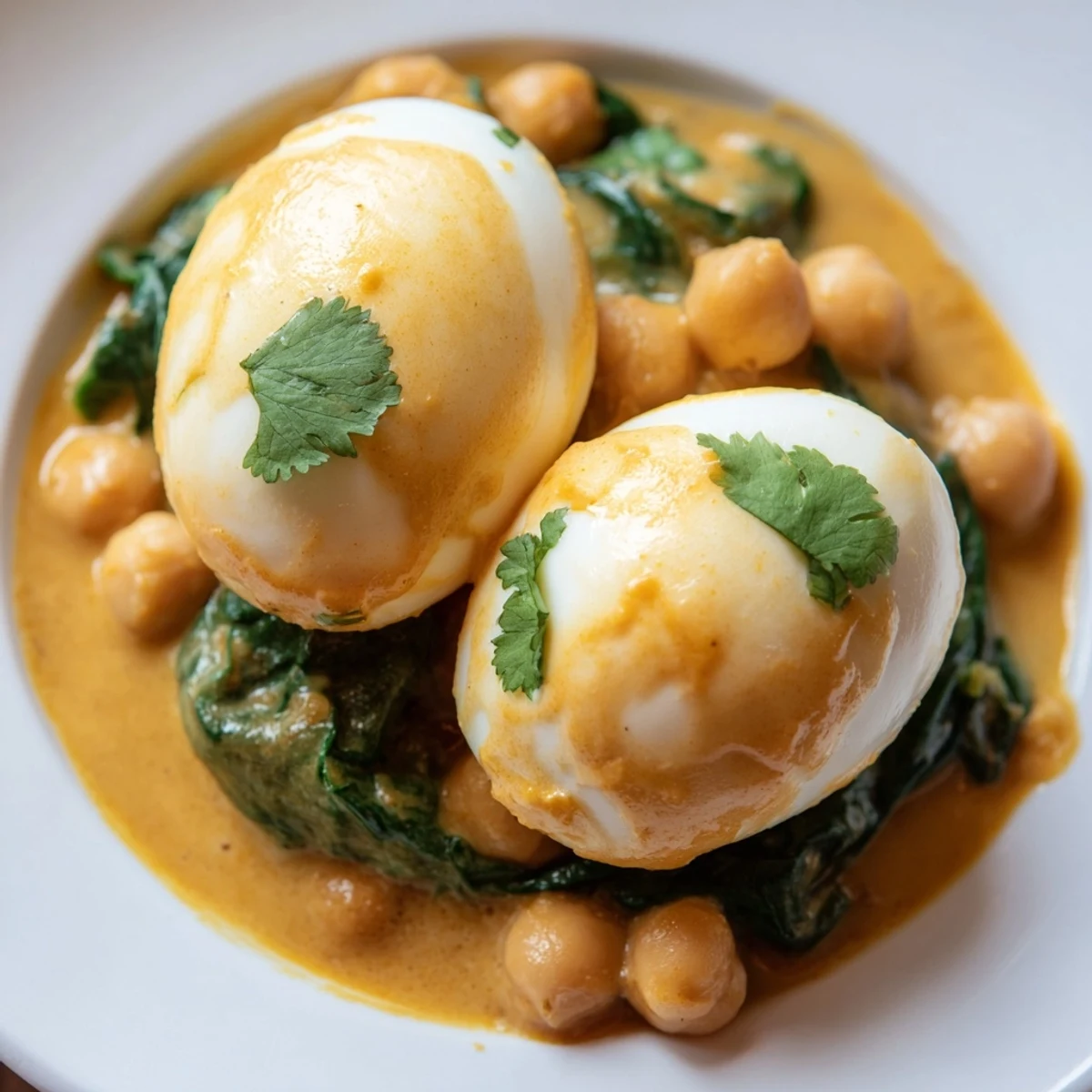 Vegetarian egg korma featuring tender eggs chickpeas and vibrant spinach in golden sauce