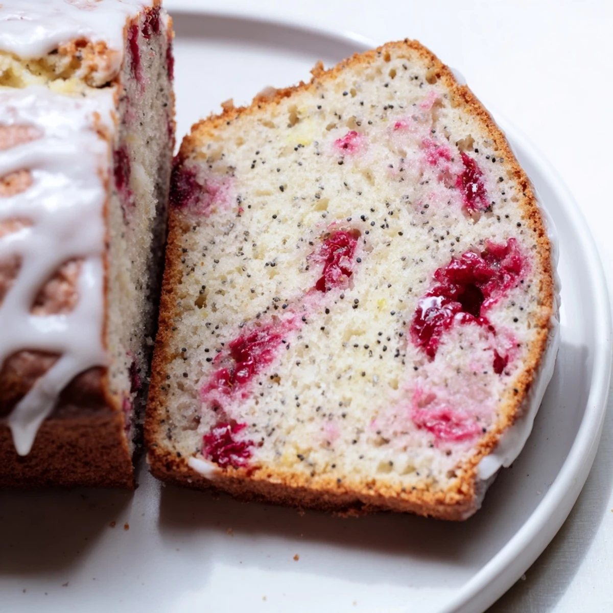 Golden raspberry lemon poppyseed loaf cake drizzled with white lemon glaze on a wooden board
