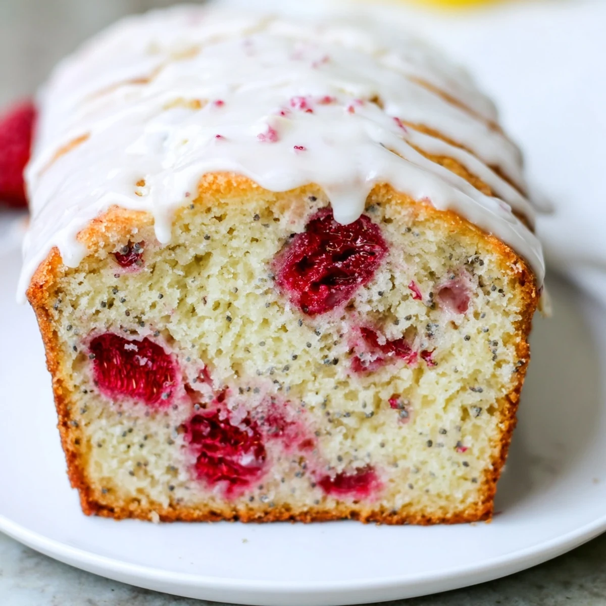Moist slice of raspberry lemon poppyseed loaf cake showcasing fresh red berries and crumb texture