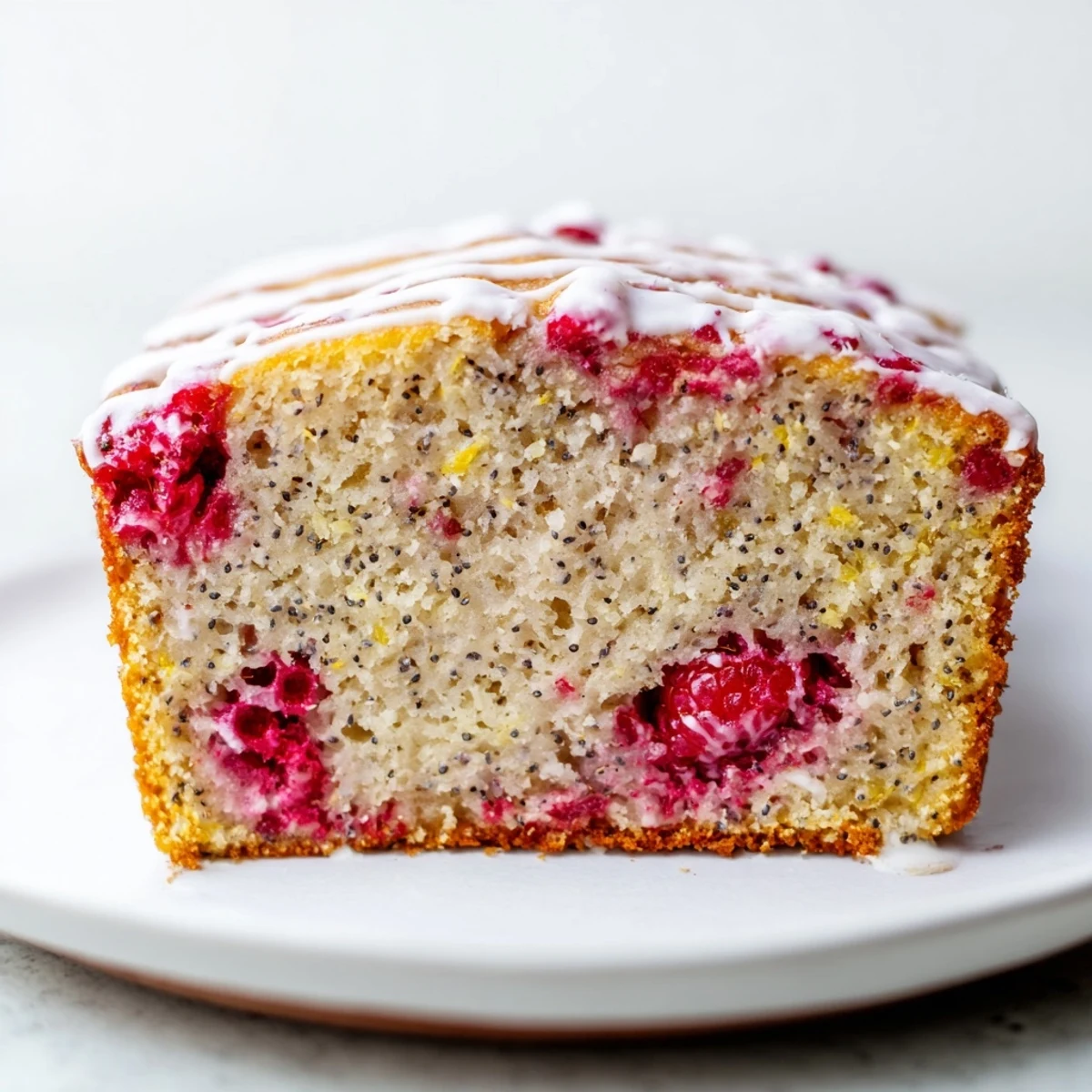 Rustic raspberry lemon poppyseed loaf cake with lemon zest garnish and poured glaze detail