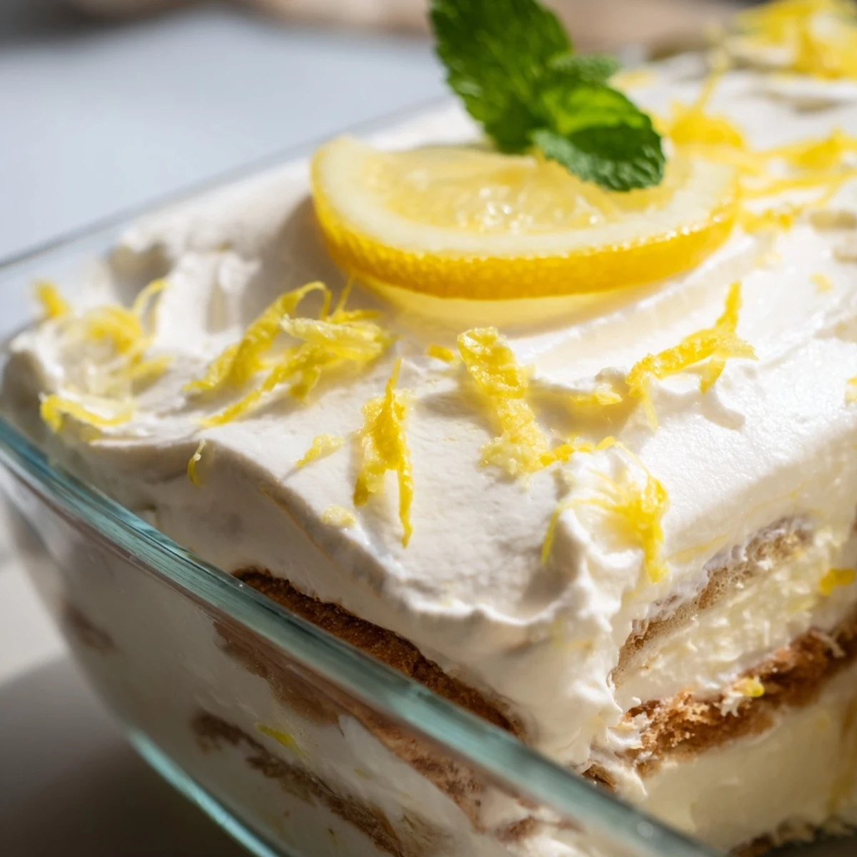 Creamy lemon tiramisu dessert with fluffy mascarpone layers and refreshing lemon syrup soaked ladyfingers