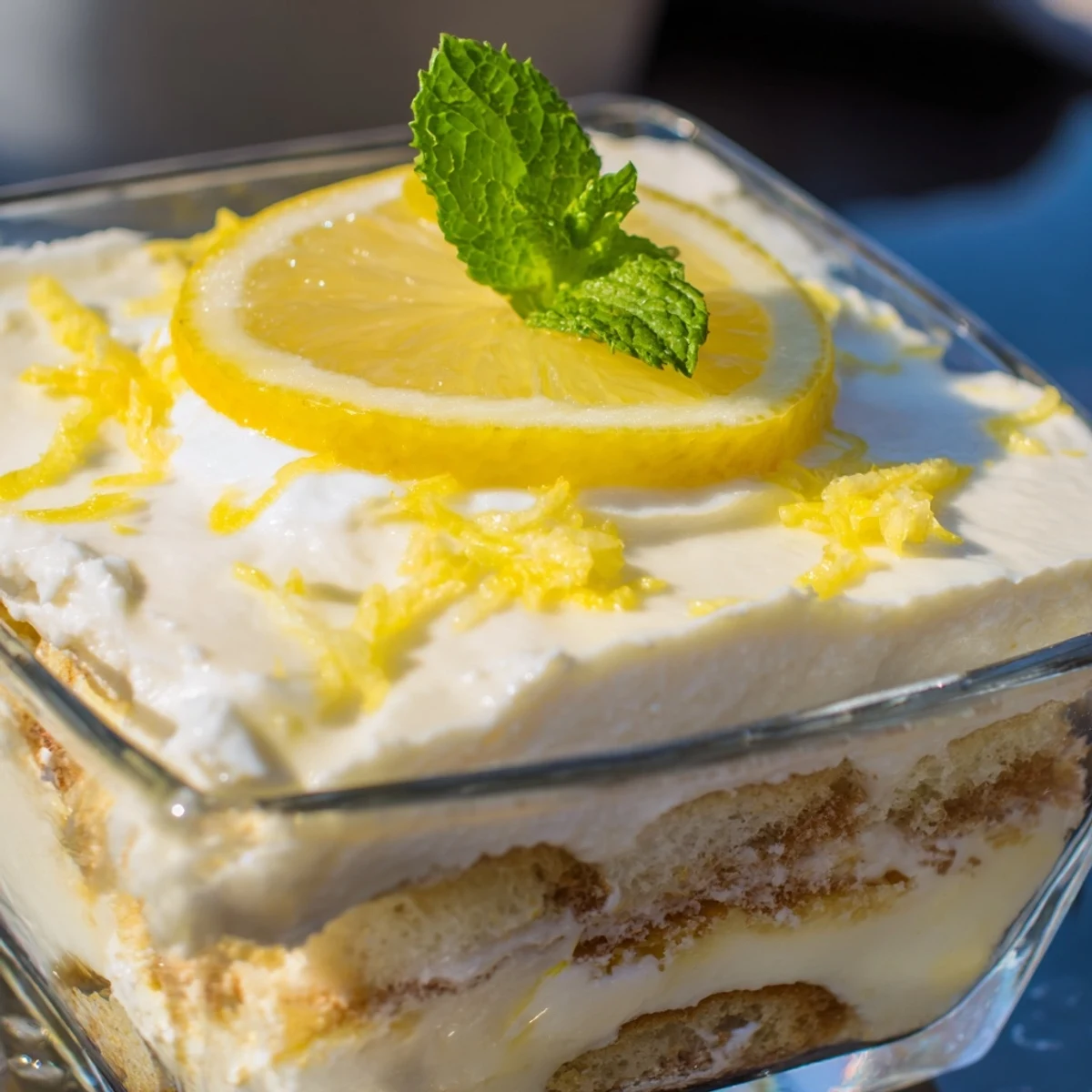Light and zesty lemon tiramisu arranged in a glass dish garnished with fresh mint leaves