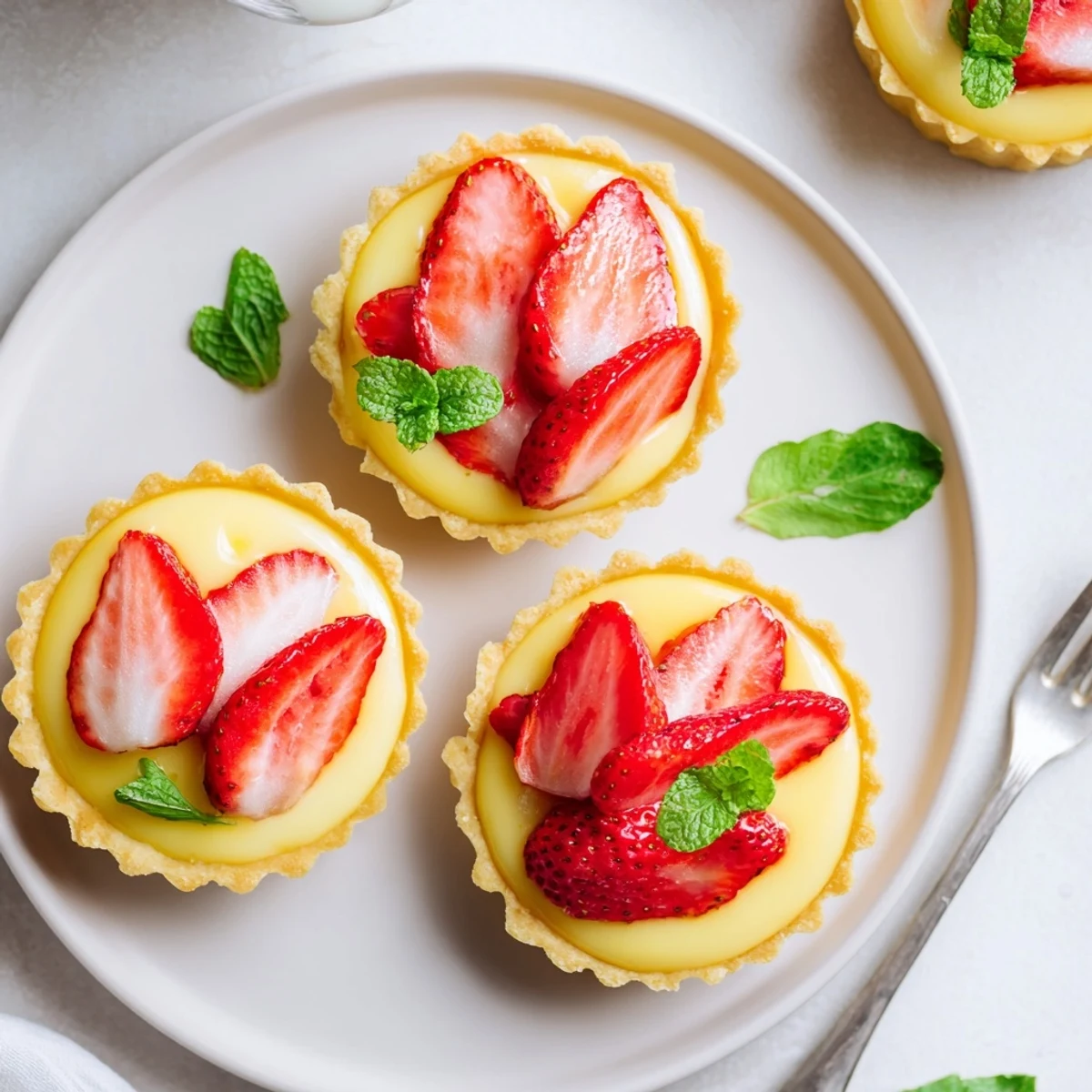 Golden buttery tart shells filled with layers of silky honey custard and bright lemon curd topped with fresh strawberries
