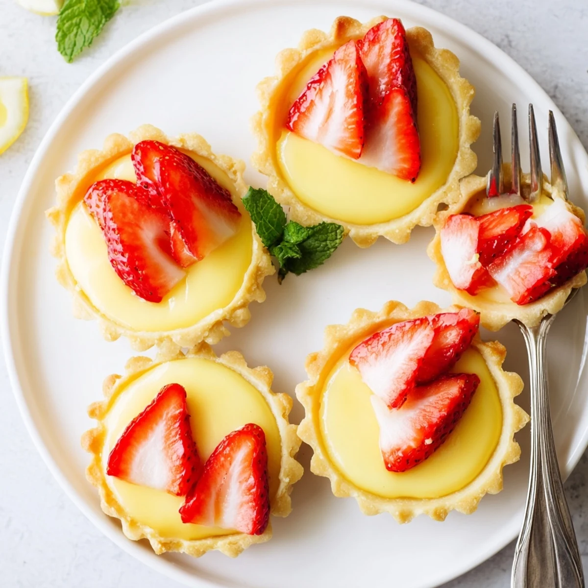 Delicate strawberry honey custard tarts featuring tangy lemon curd and vibrant red berries arranged on golden pastry