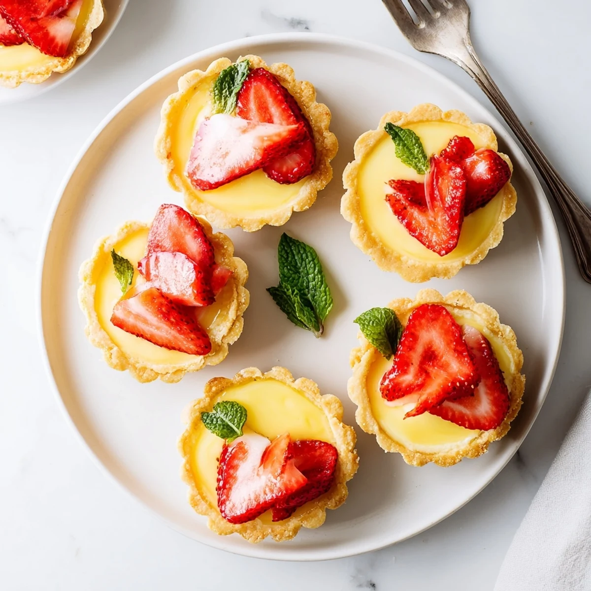 Individual European-style tarts with smooth honey custard, zesty lemon curd layers, and sliced strawberries garnished with mint