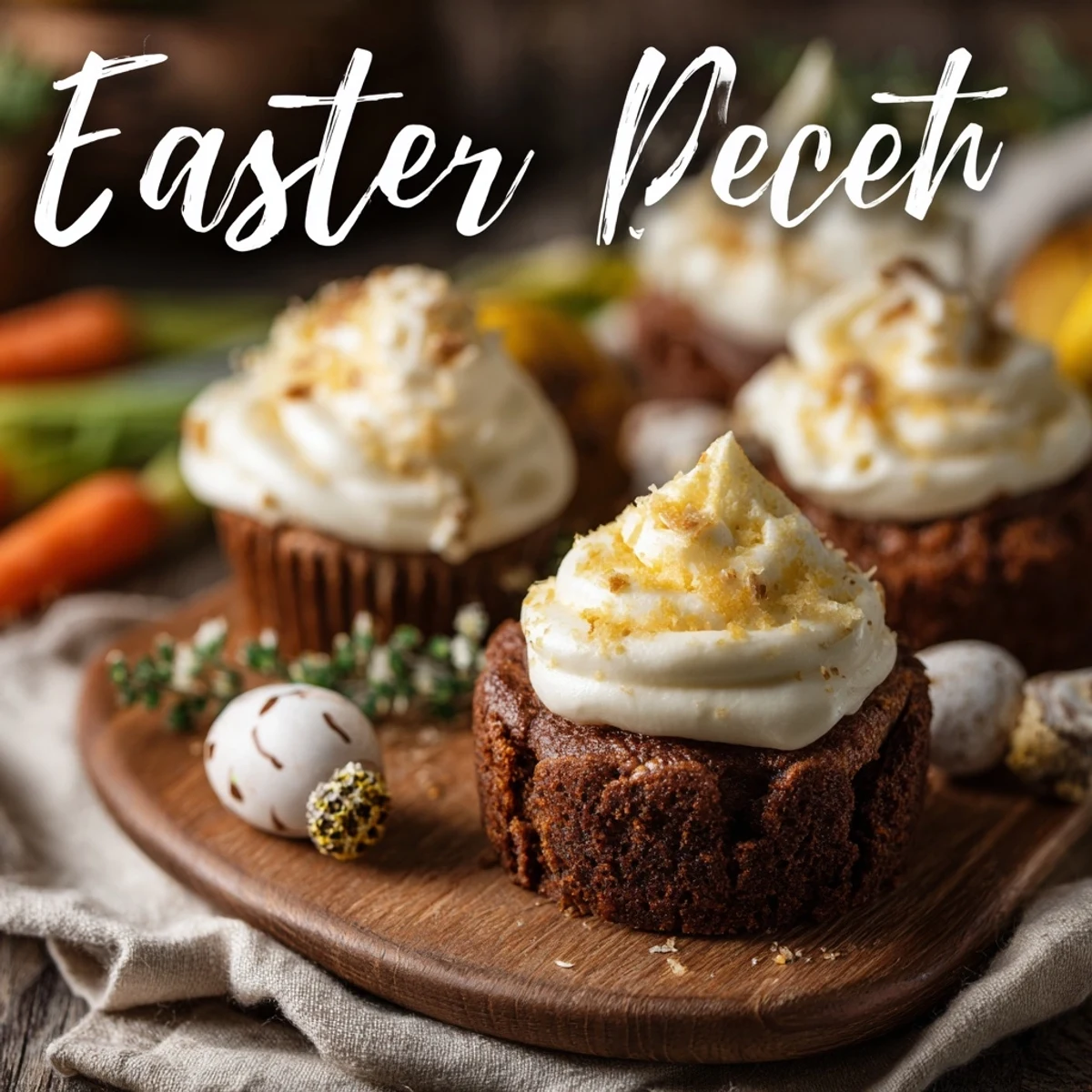 Festive holiday table displaying sweet treats including chocolate nests and fruit pizza for spring celebrations