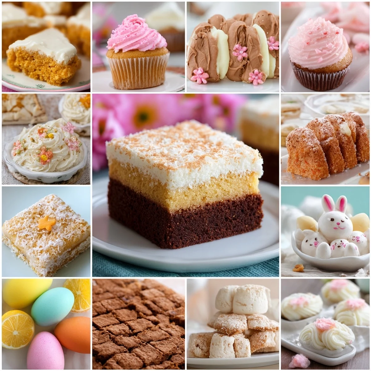 Assorted Easter dessert recipes with lemon bars cheesecake bites and marshmallow chicks arranged for gatherings