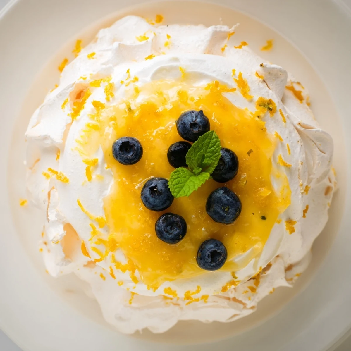 Crisp meringue shells with glossy lemon orange curd garnished with mint leaves and edible flowers