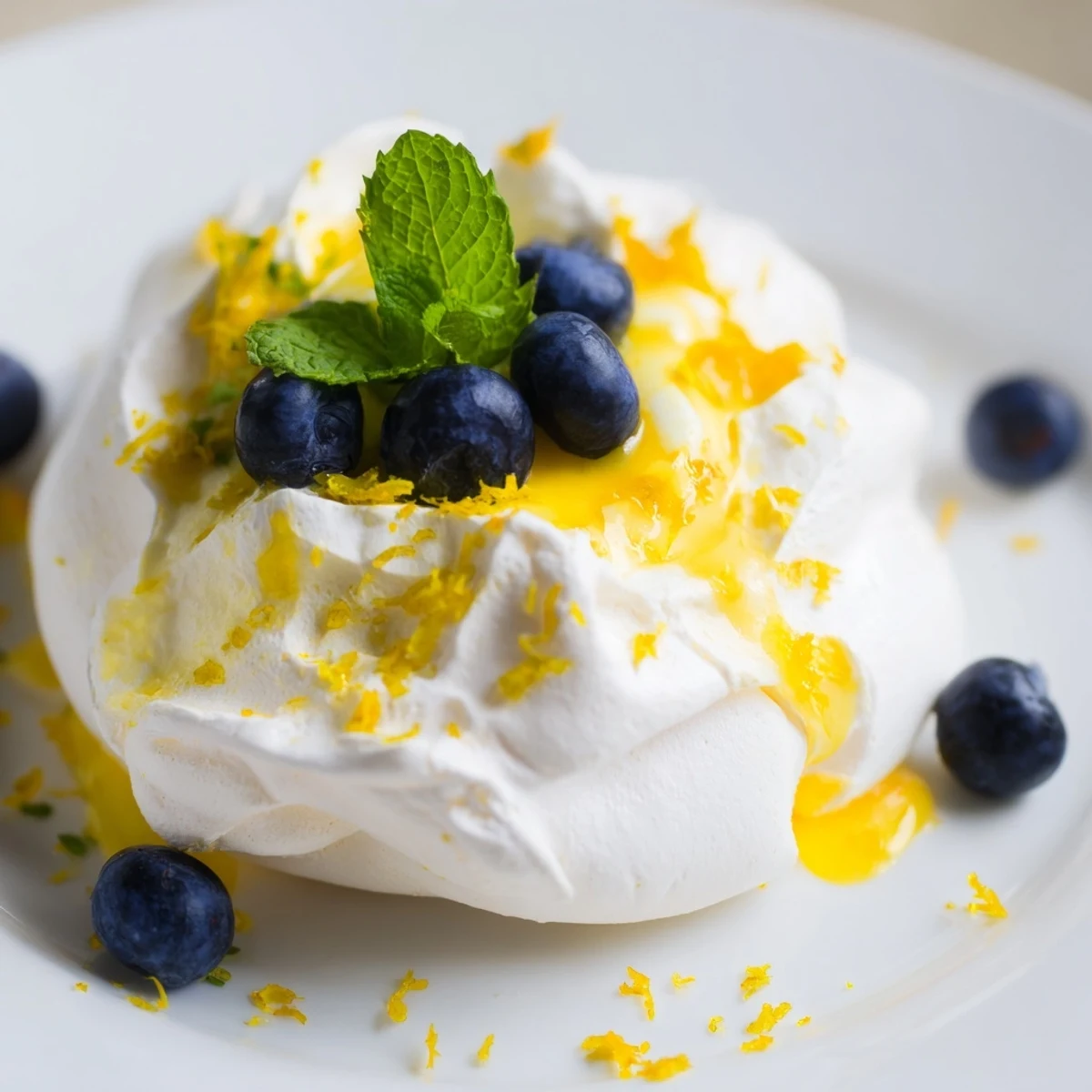 Golden brown meringues filled with vibrant yellow citrus curd topped with fresh red berries