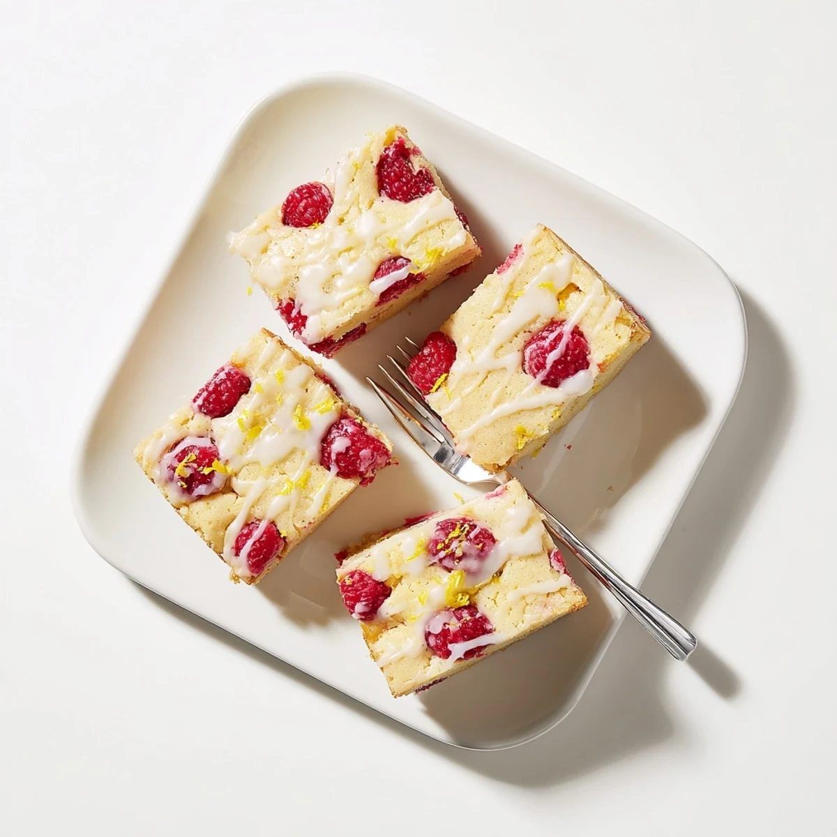 Golden glazed raspberry lemon blondies with fresh berries and zesty lemon drizzle on a white plate