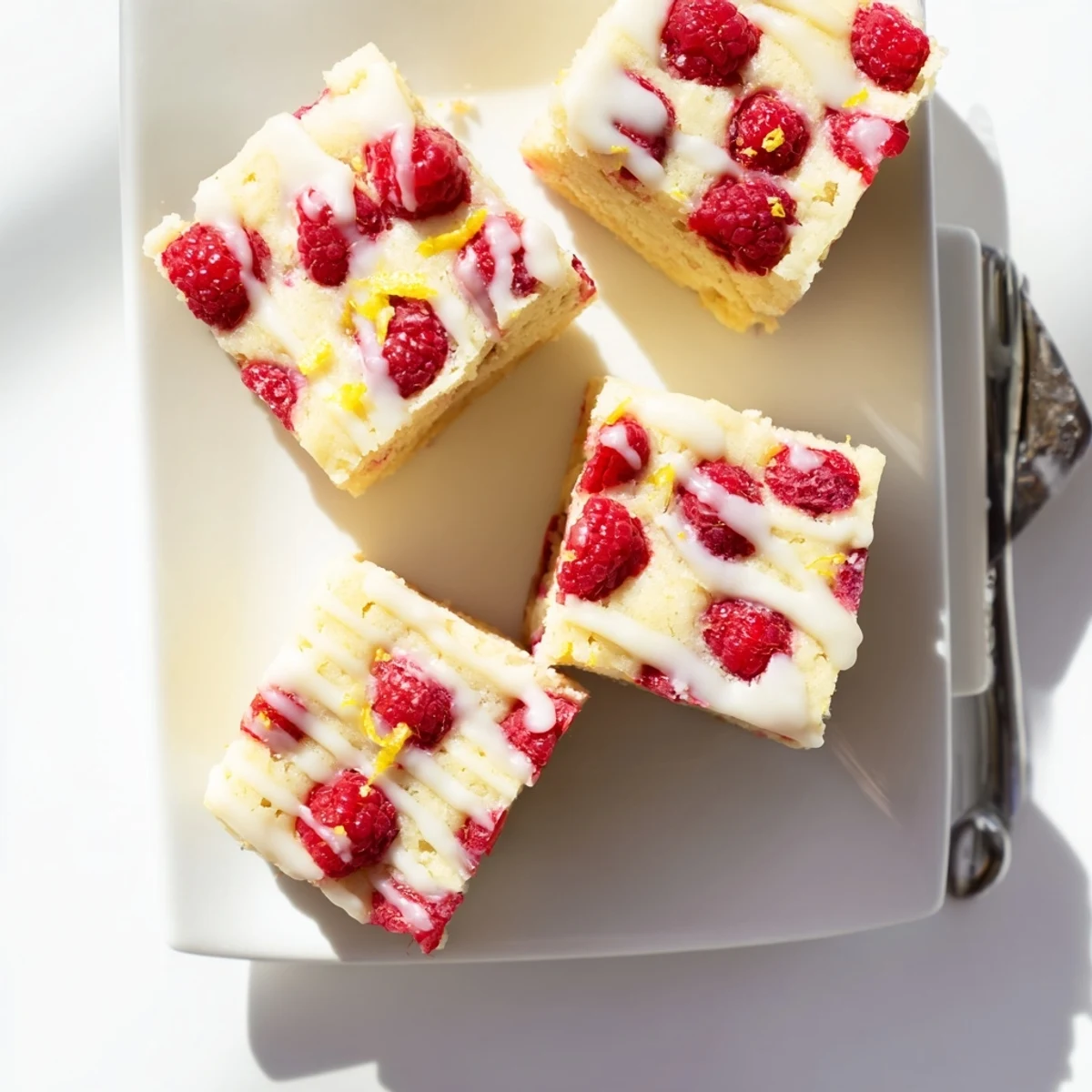 Raspberries peek through golden lemon blondie squares finished with a sweet white glaze