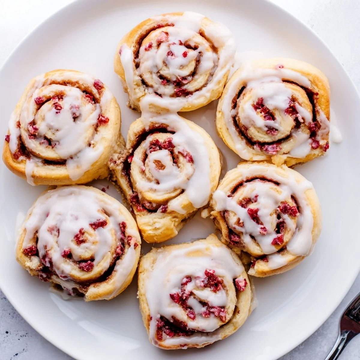 Fresh strawberry cinnamon rolls with cream cheese glaze drizzled over soft spiraled dough