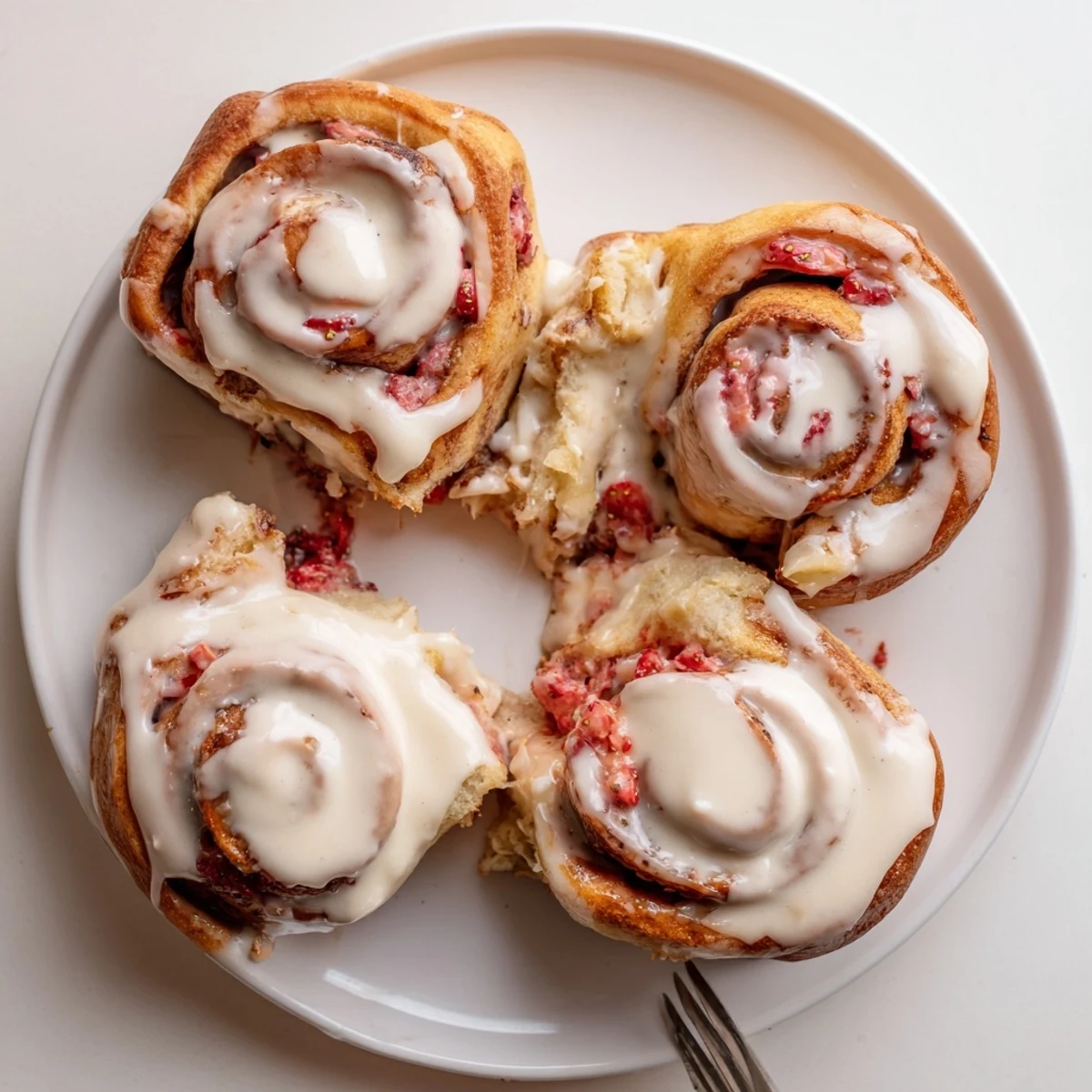 Golden baked strawberry cinnamon rolls swirled with sweet fruit and creamy vanilla frosting