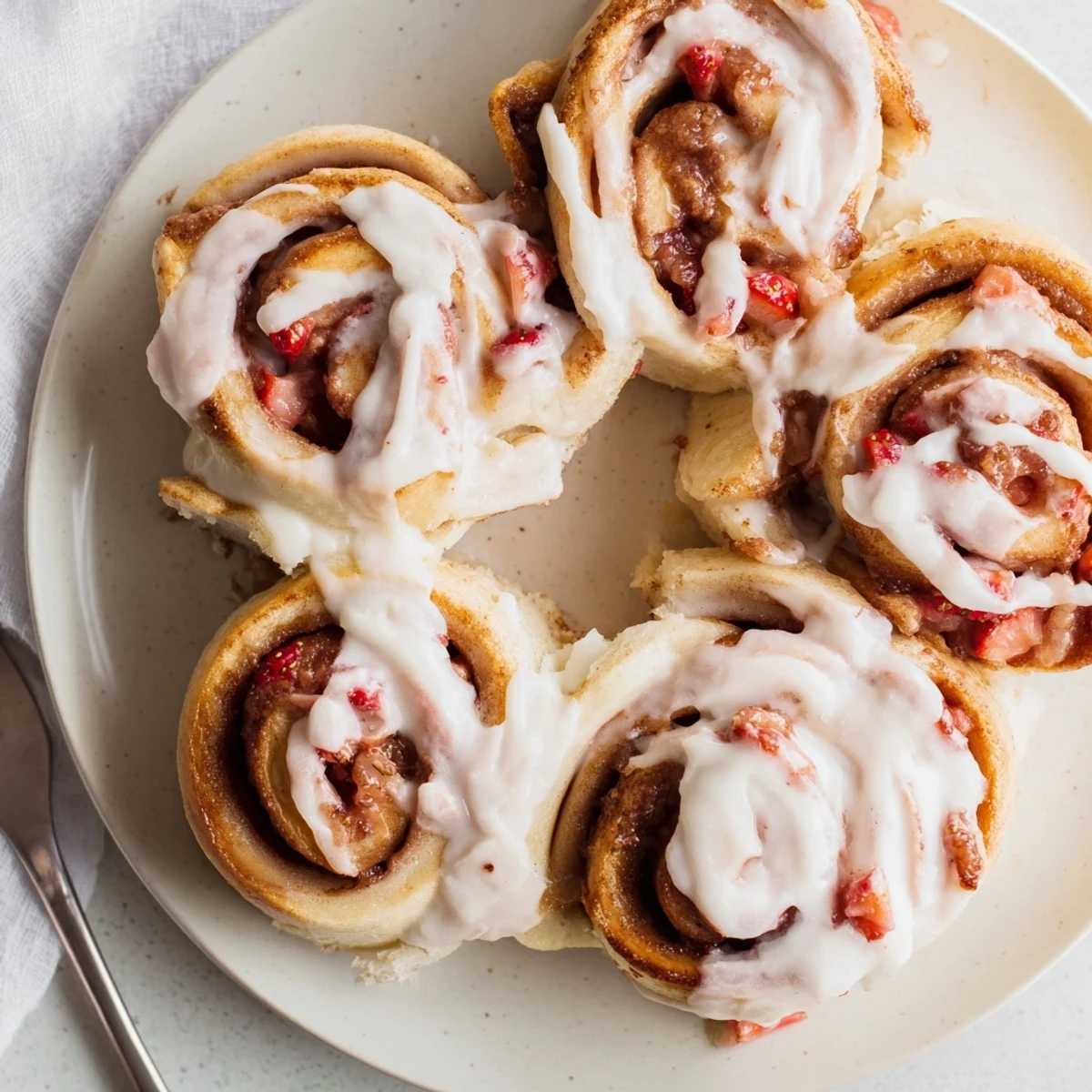 Warm strawberry cinnamon rolls topped with luscious cream cheese glaze on a serving platter