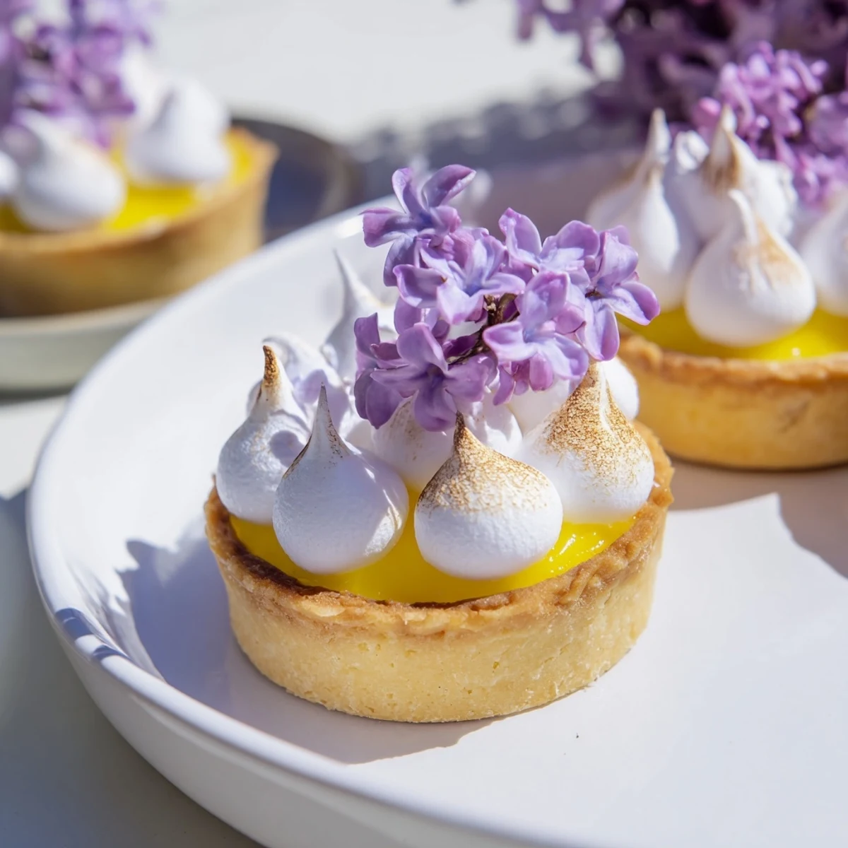 Golden mini lemon tart topped with fluffy lilac meringue garnished with edible purple flowers