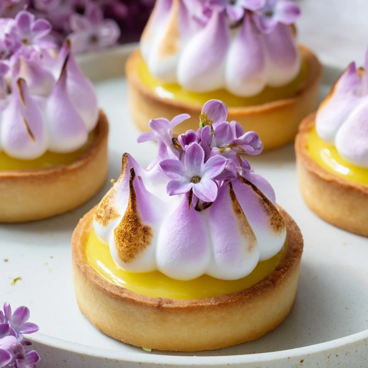 French-inspired mini lemon tart with floral meringue topping served on rustic wooden surface