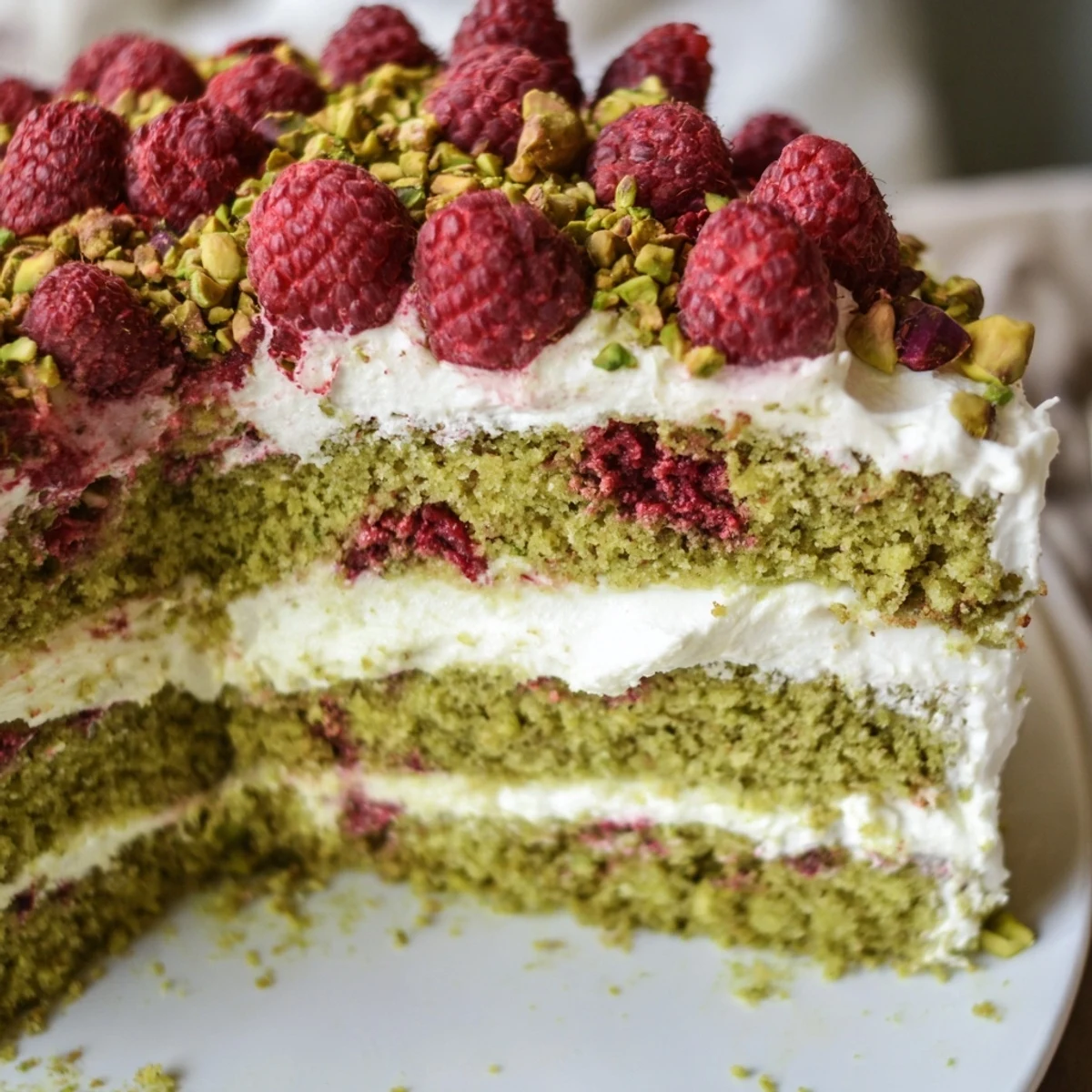 Cream cheese frosted pistachio raspberry cake topped with fresh berries and chopped nuts