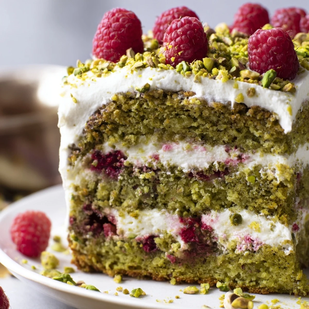 Two-layer green pistachio raspberry cake with smooth frosting and ruby red raspberry garnish