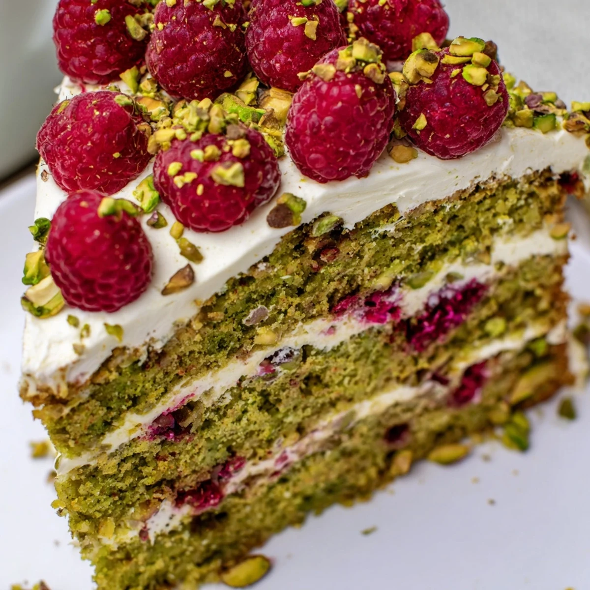 Slice of moist pistachio raspberry cake revealing flecked crumb and colorful raspberry pieces