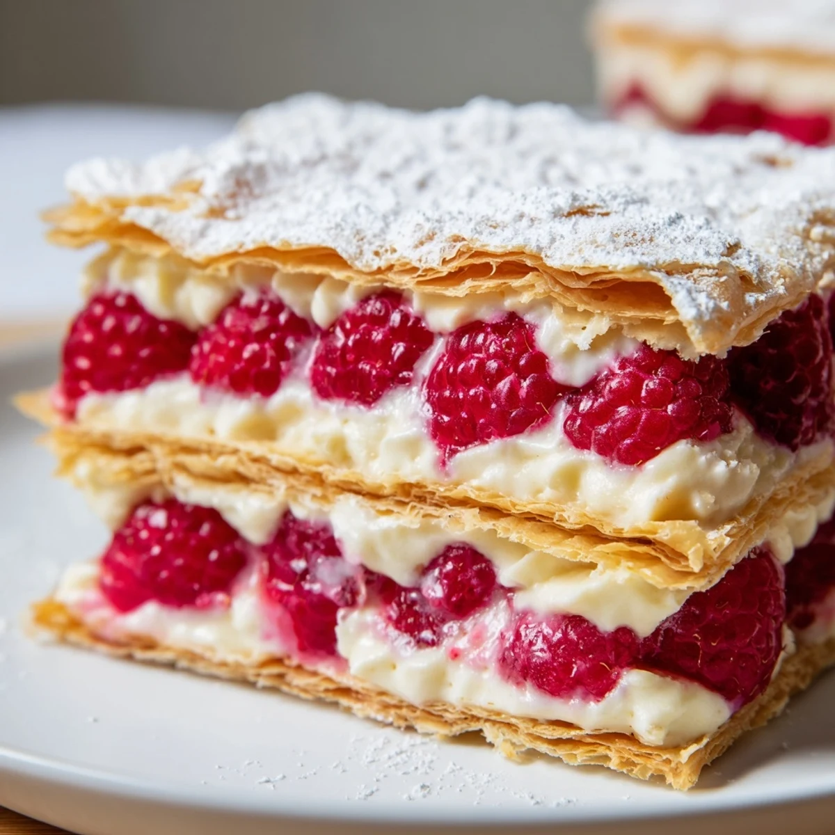 Golden layers of raspberry cream Napoleon dessert topped with fresh red berries and white powdered sugar