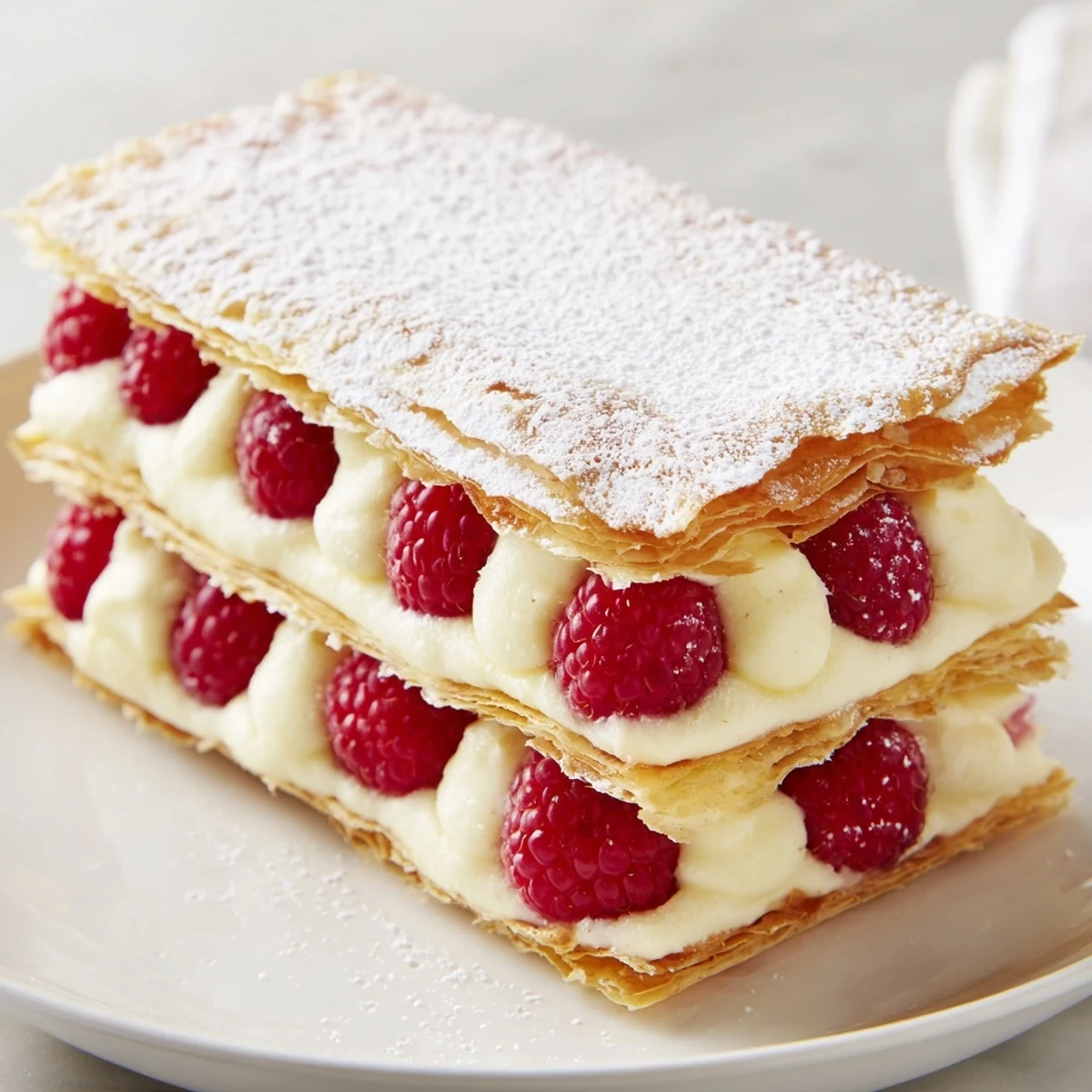 Elegant triple-layered raspberry cream Napoleon pastry glistening with sweet cream and fresh raspberries on a white plate