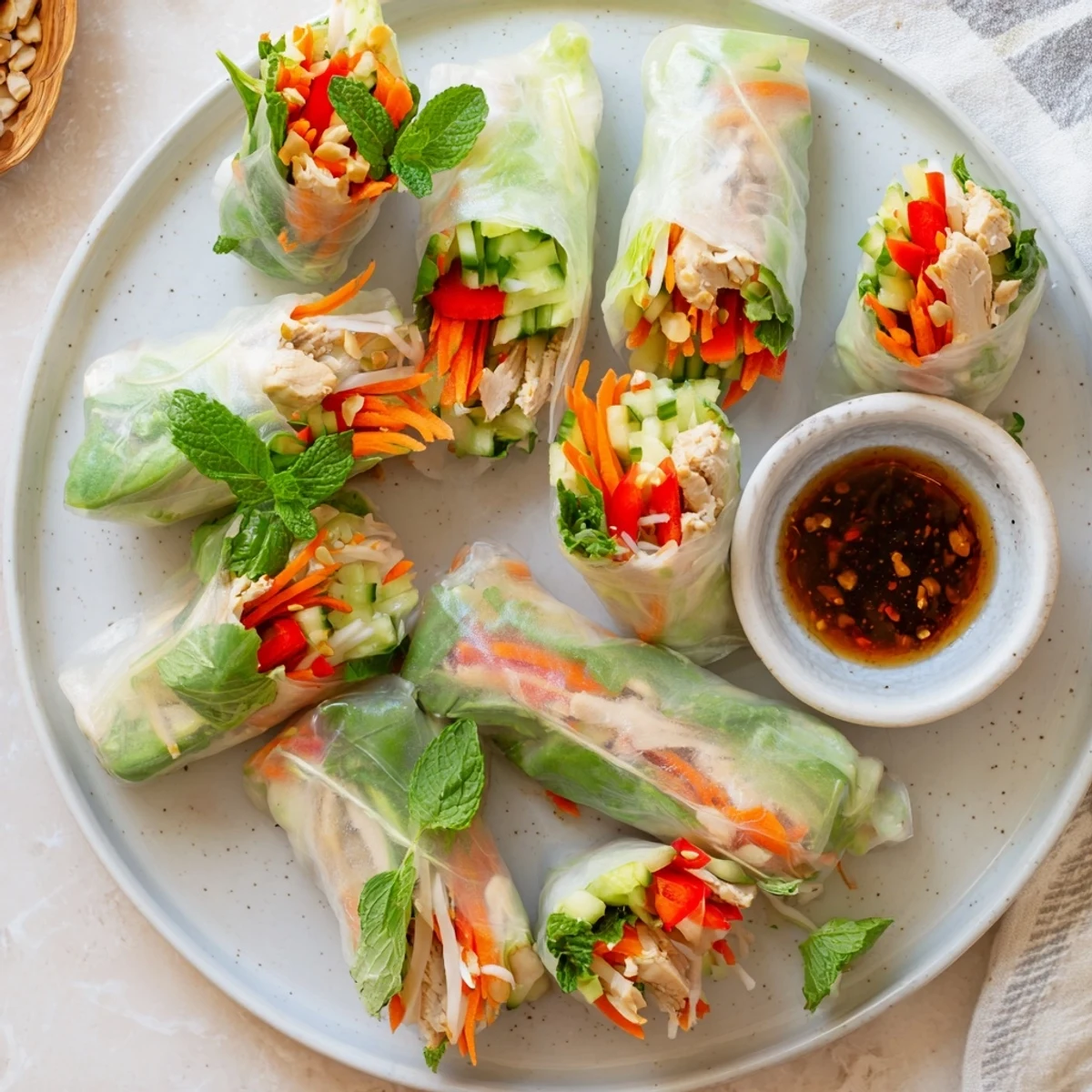 Golden translucent rice paper rolls stuffed with sliced chicken and colorful julienned vegetables
