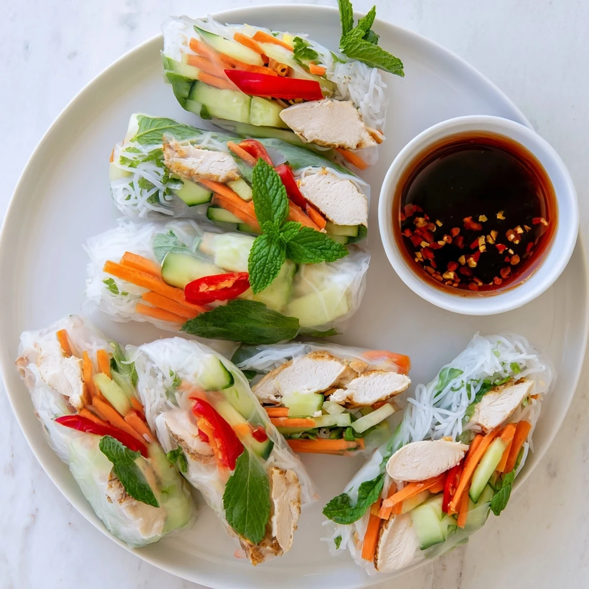 Handheld Asian fusion appetizer featuring tender chicken breast crisp vegetables and fresh herbs visible