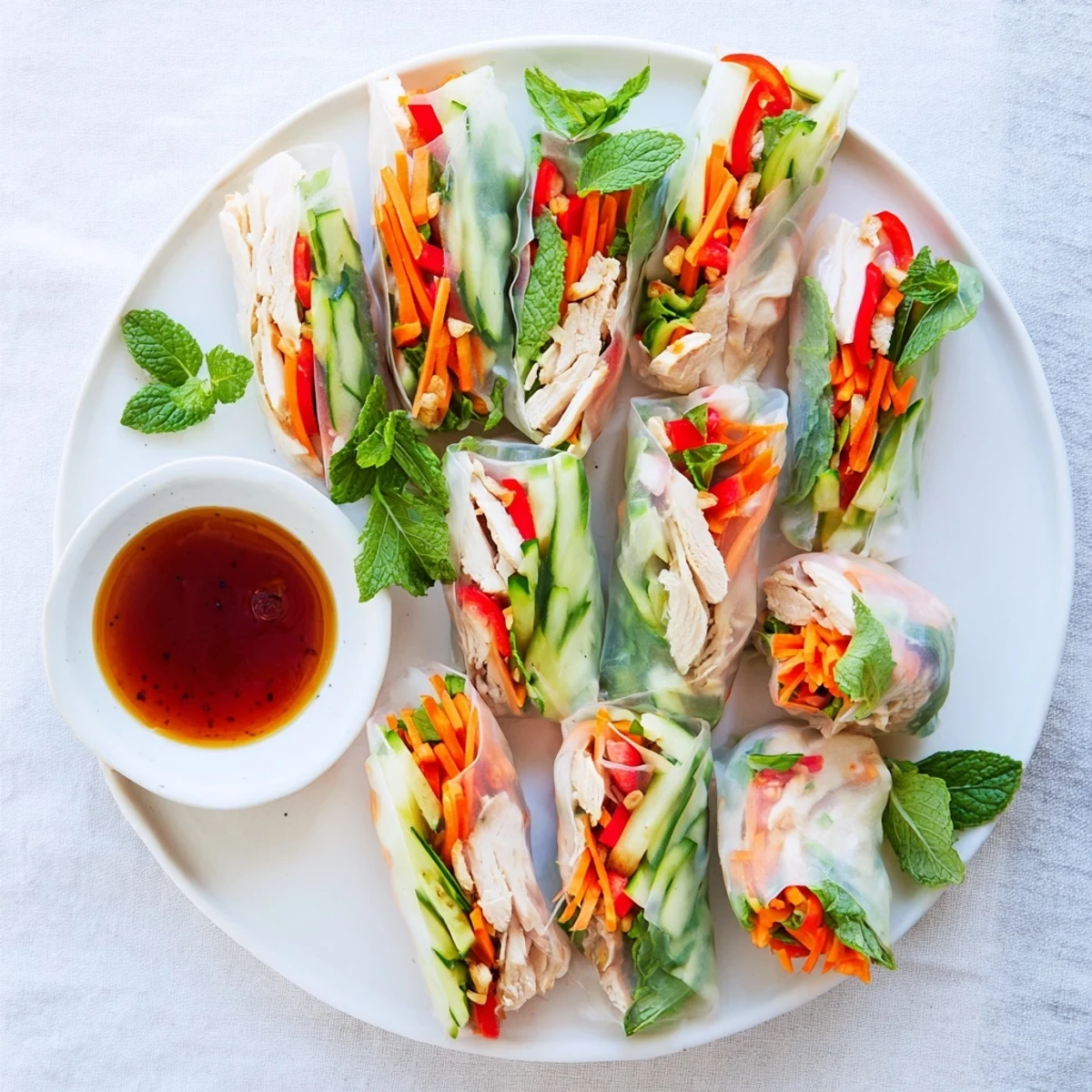 Fresh light chicken veggie spring rolls on white plate with zesty dipping sauce beside