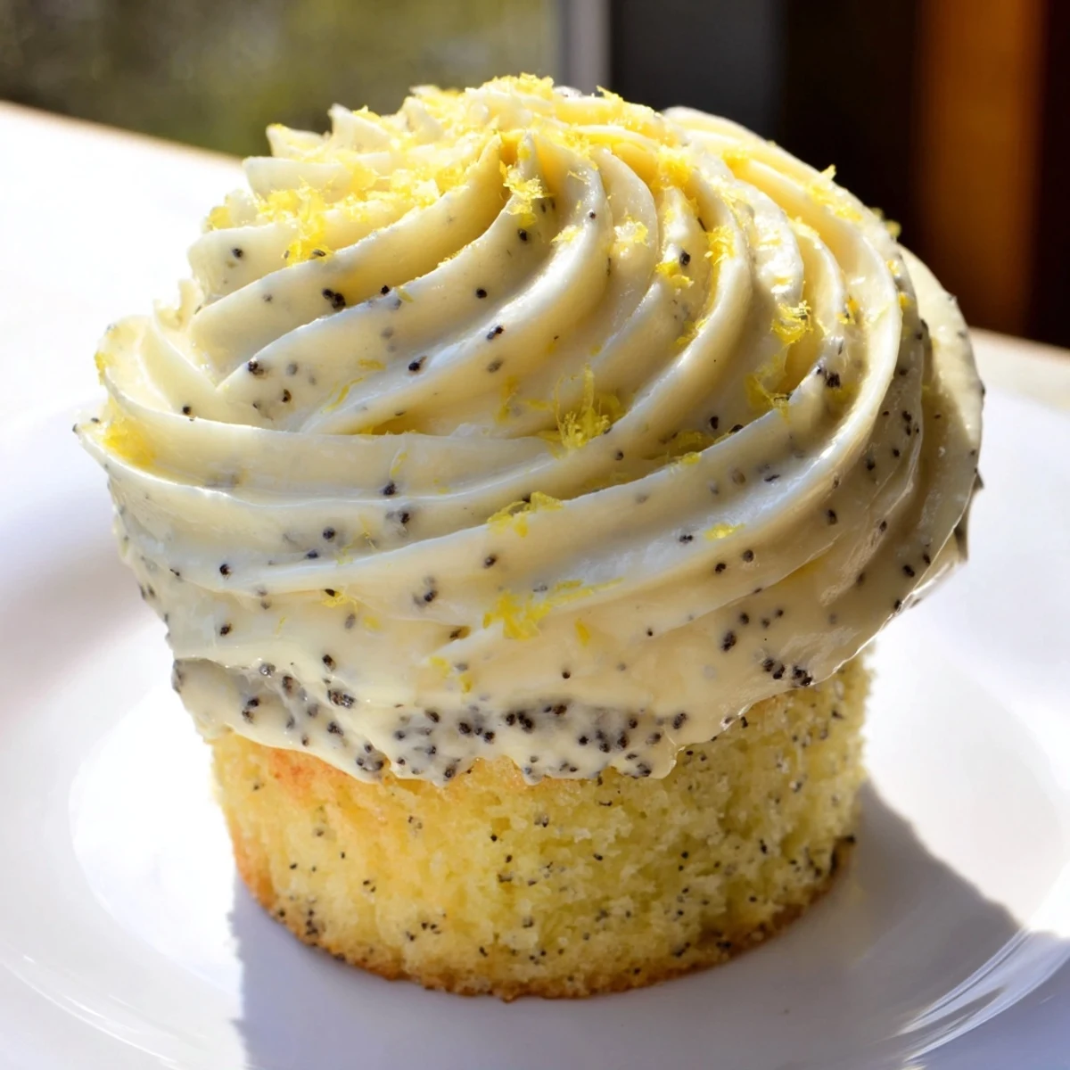 Freshly baked lemon poppy seed cupcakes with zesty glaze and sprinkled poppy seeds for texture