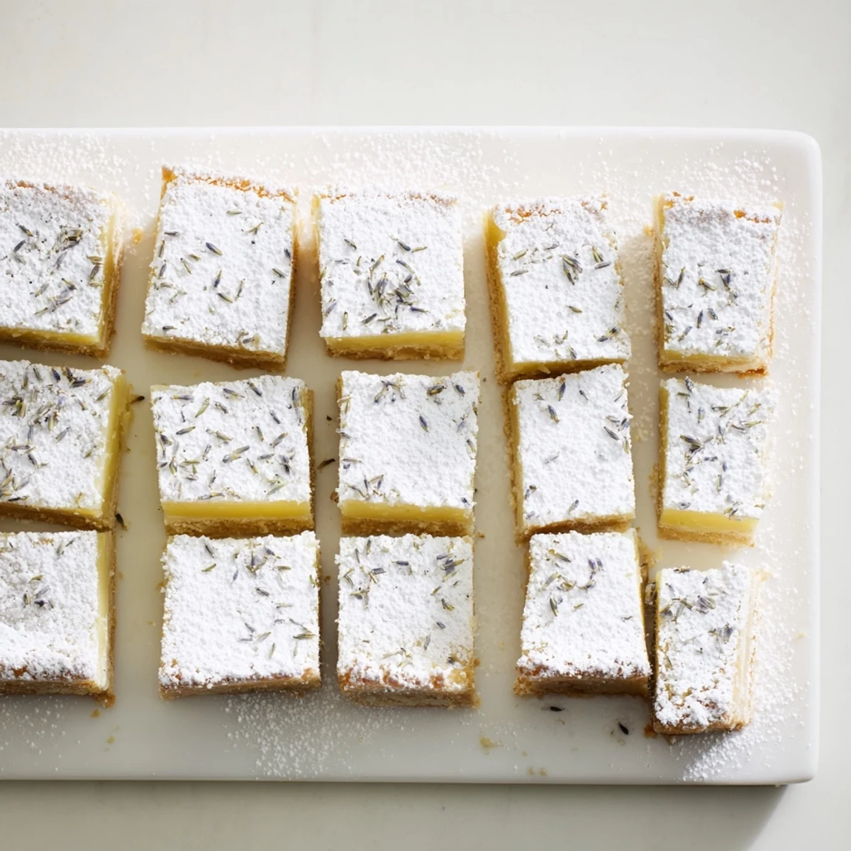 Buttery crust topped with creamy lemon lavender filling sliced into elegant rectangular dessert bars