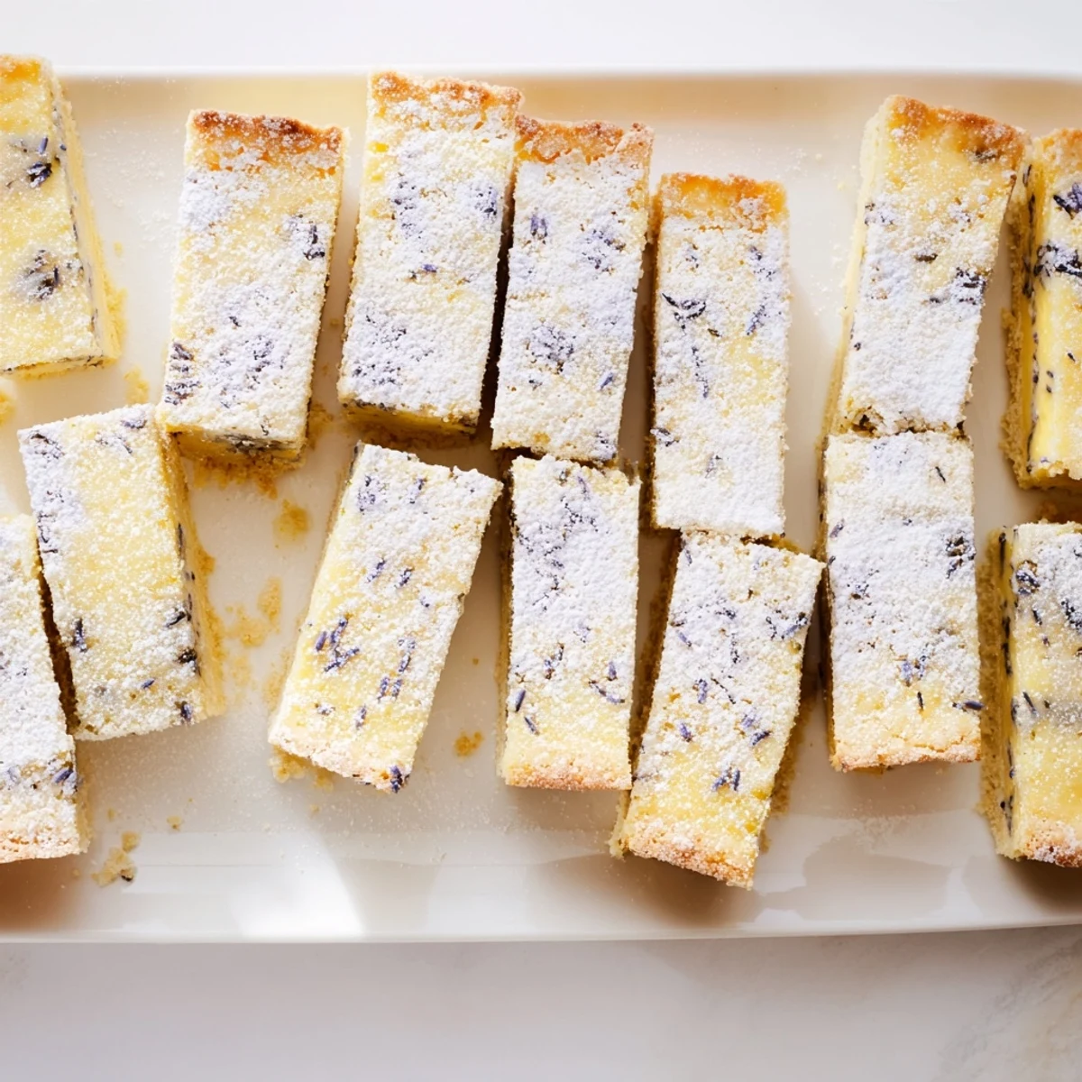Golden lavender lemon cream bars with powdered sugar dusting on a white serving plate