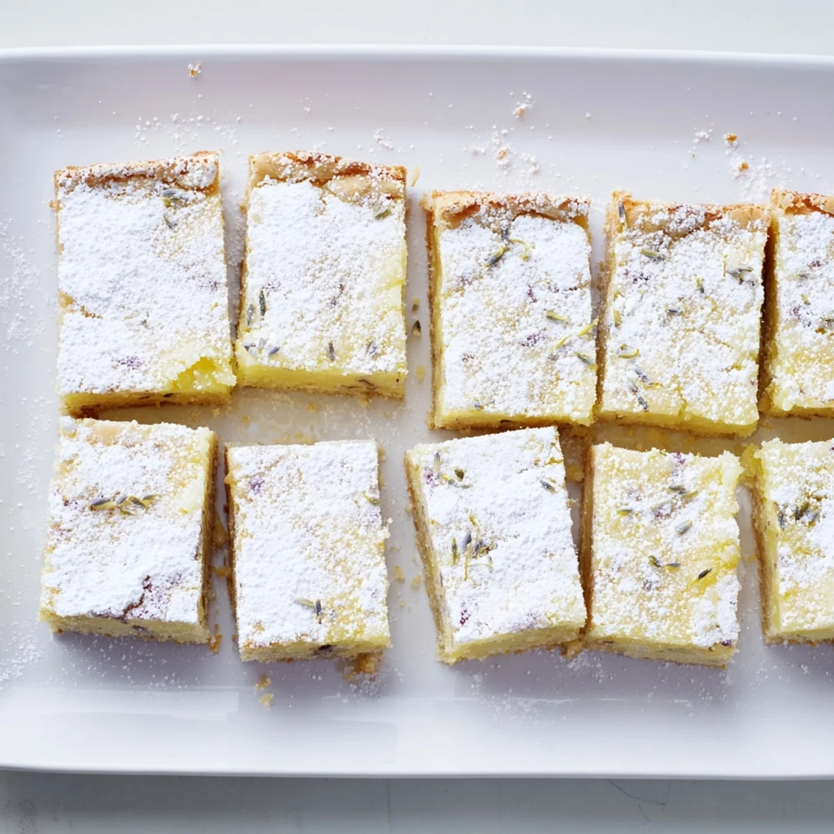 Pale yellow lemon lavender bars sprinkled with powdered sugar on a rustic wooden board