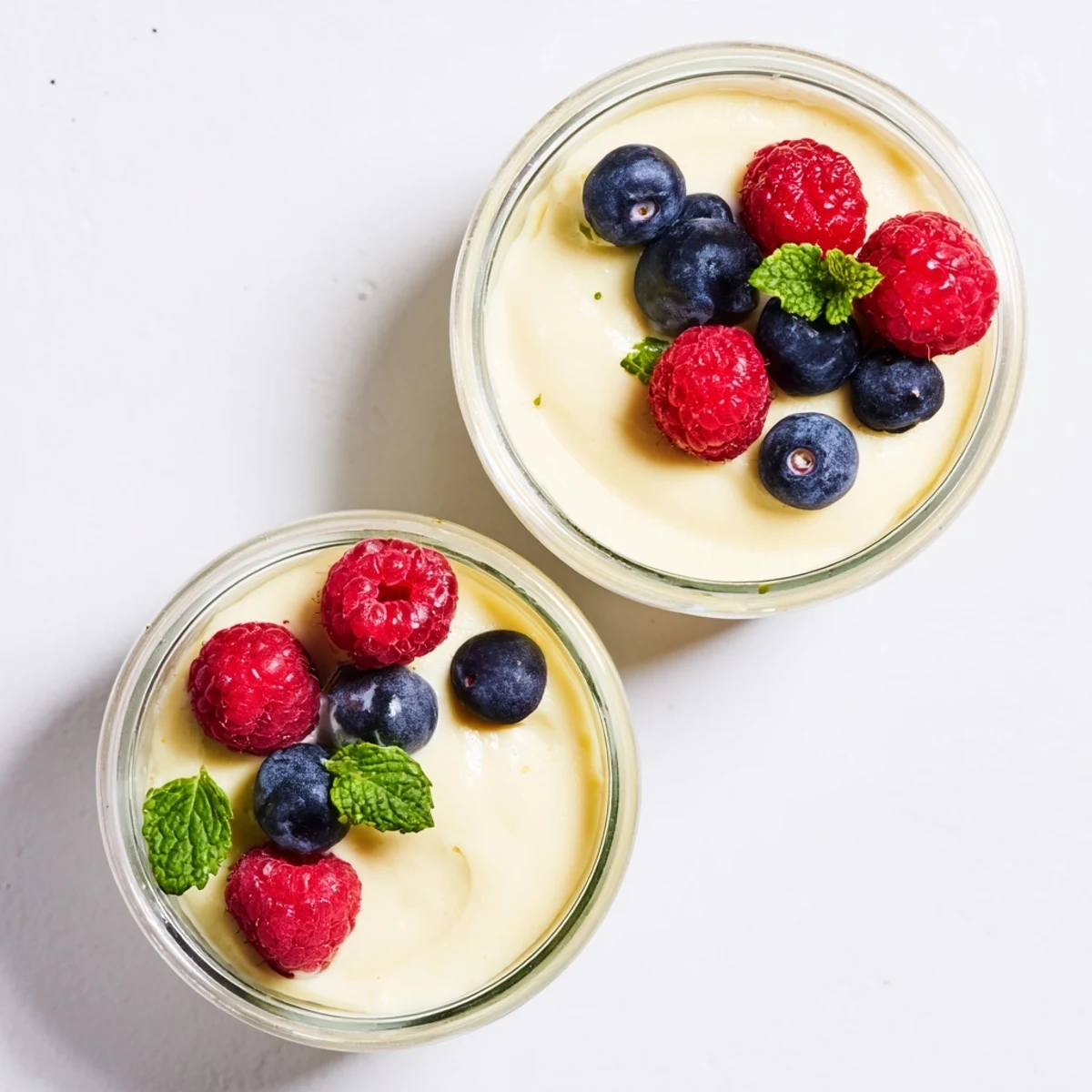 Silky lemon posset set in clear glasses topped with fresh raspberries and mint