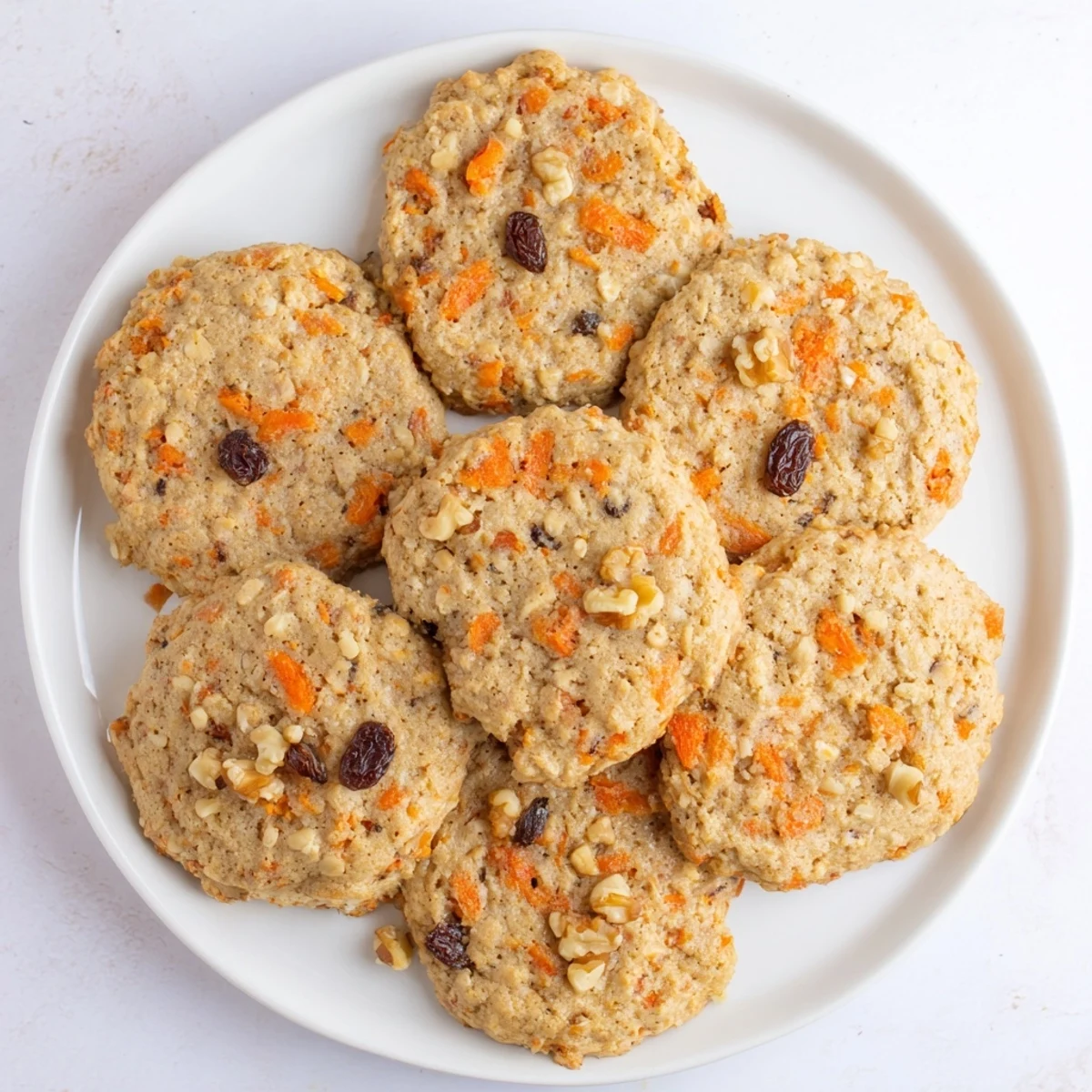 Golden-brown chewy carrot cake cookies studded with grated carrots, walnuts, and raisins on a wire cooling rack