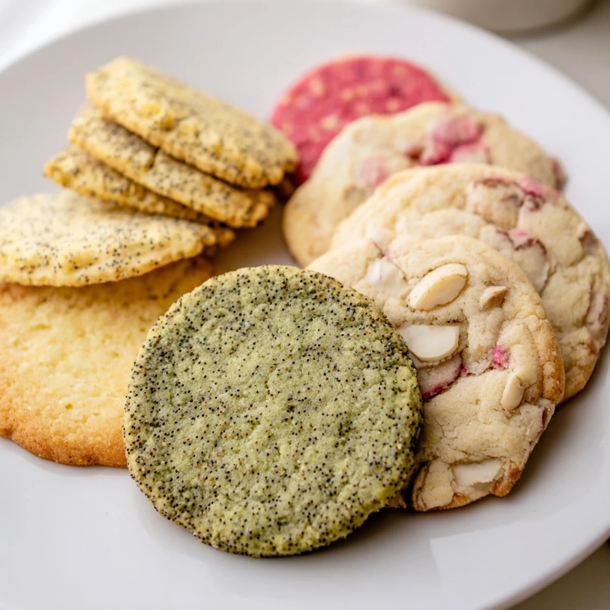 Assortment of fresh lemon poppy seed, matcha almond, and strawberry white chocolate spring cookie collection arranged on a rustic wooden board.