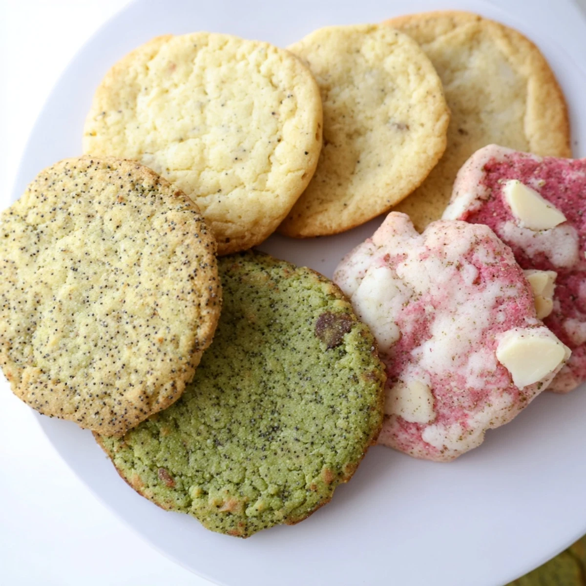 Homemade spring cookie collection displaying three varieties of pastel cookies garnished with zest and chips ready for afternoon tea serving.