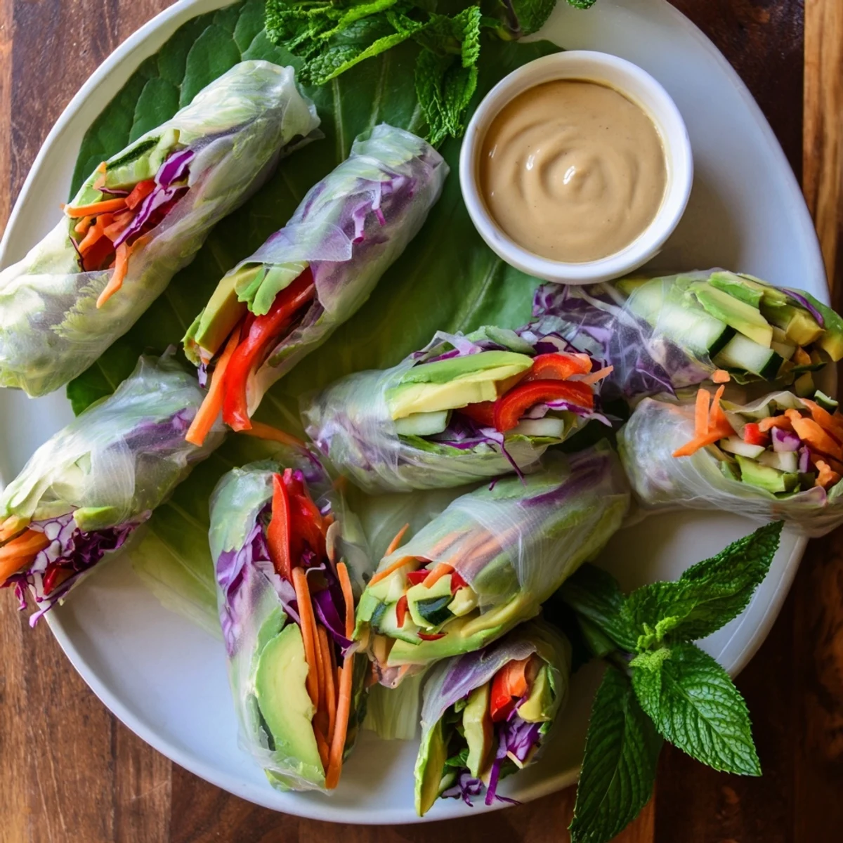 Homemade fresh spring rolls featuring transparent rice paper wrapped around colorful julienned vegetables and fragrant herbs