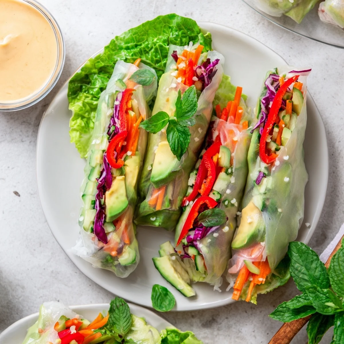 Crisp Vietnamese fresh spring rolls arranged on a white plate served alongside rich creamy peanut dipping sauce